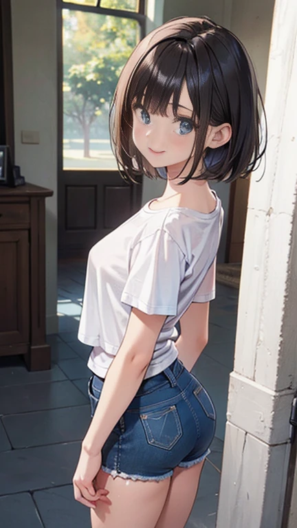 ((highest quality)), ((masterpiece)), (Very detailed), (Very high resolution), 4k, Anime 2D Rendering, Realistic, 
One Girl:1.5, 
BREAK Symmetrical Face:1.4, Perfect Face, Beautiful clavicle, Beautiful fingers, Beautiful breasts, (Slightly smaller chest), 
Beautiful body, Beautiful thighs, Beautiful feet, Perfect round butt, (Detailed skin), Tanned dark skin:1.5, Shiny skin:1.4, 
BREAK Baby Face, cute, 18-year-old, 
Double eyelids, Natural eyebrows, 
(Slanted Eyes), Beautiful and delicate eyes, Sparkling eyes, (Dark blue eyes), 
plump mouth, Glossy mouth, 
BREAK Beautiful Hair, Shiny Hair, Hair fluttering, bangs, (Black Hair), Bobcut:1.5, 
BREAK 

((White T-shirt:1.4))、Denim shorts、
BREAK 

(smile), ((Look to the side)), arched back、Cowboy Shot, sunlight, blue sky
