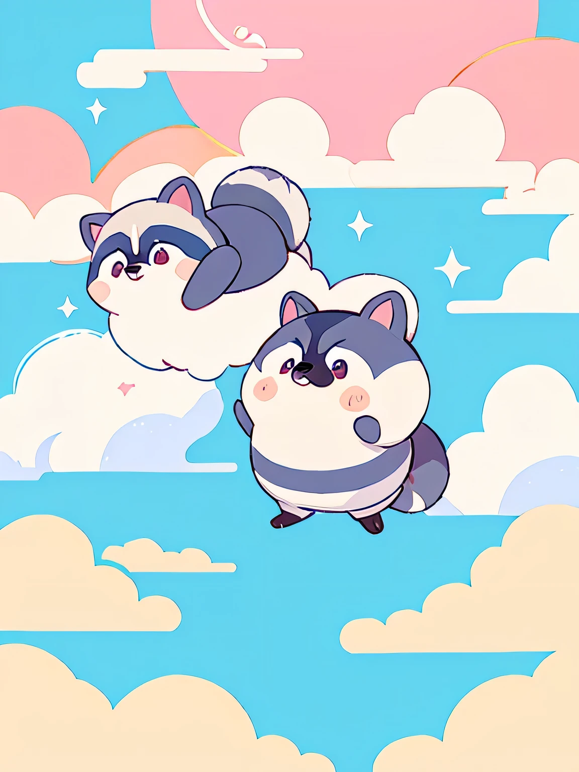 Momoko Sakura style, Kawaii Design, Chibi, (((on the Clouds))), Raccoons, Raccoon Forest