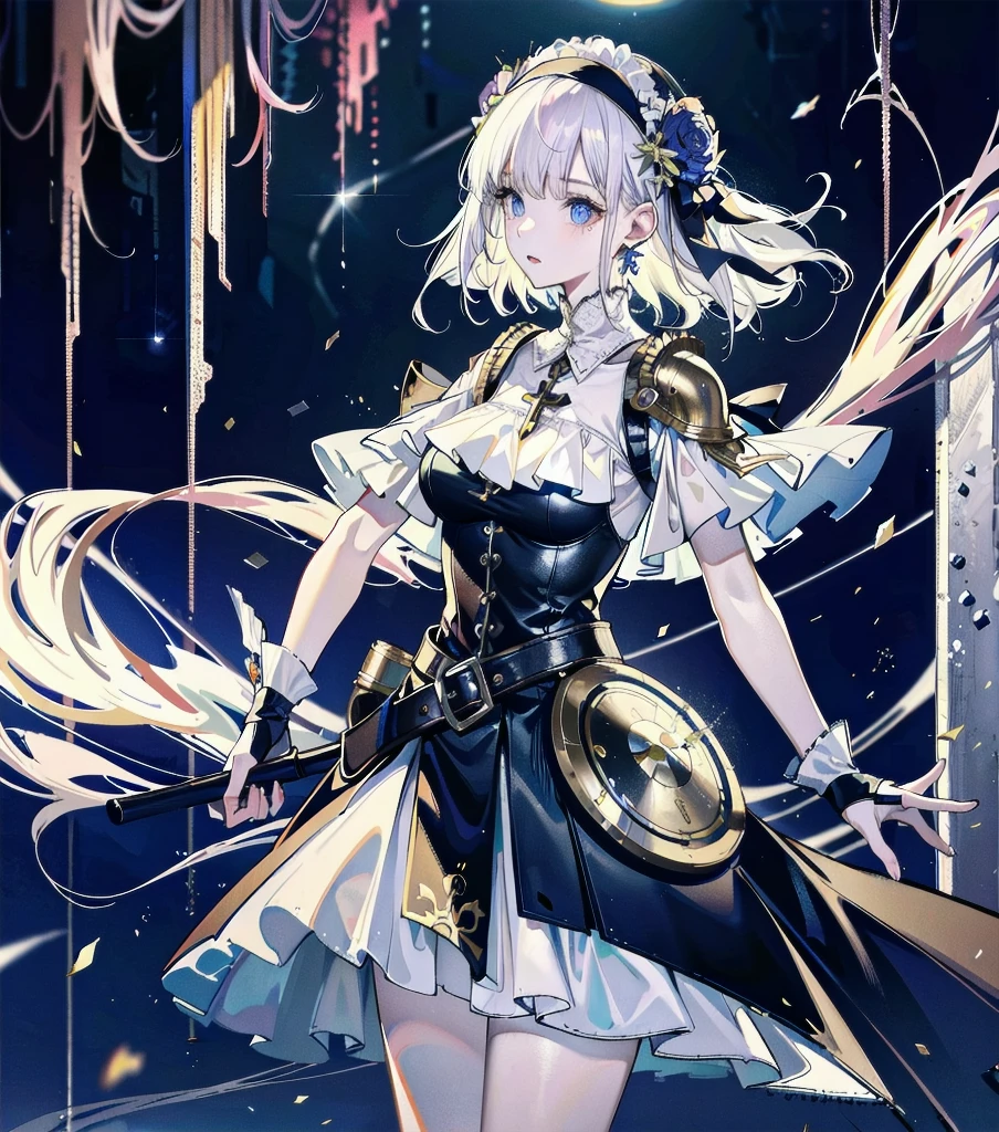 absurdres, RAW photo, extremely delicate and beautiful, masterpiece, Best Quality, ultra high resolution, 32k, hyperrealistic, ultra-detailed, detailed description, pale skin, 20 years old, detailed beautiful face and eyes, tearful mole, earring, very huge round breasts, short medium hair, wavy hair, (full body shot), alone, Mysterious nun, ((combat armor costume)), Weapons with a cross motif,