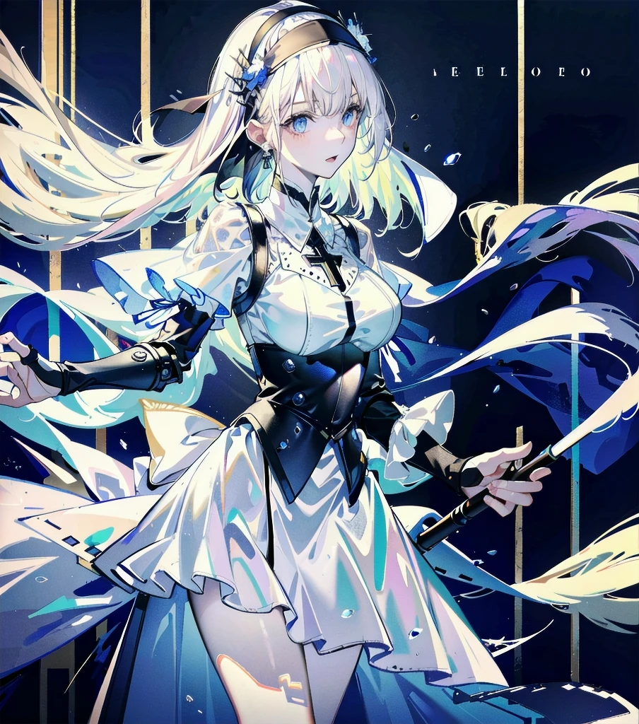 absurdres, RAW photo, extremely delicate and beautiful, masterpiece, Best Quality, ultra high resolution, 32k, hyperrealistic, ultra-detailed, detailed description, pale skin, 20 years old, detailed beautiful face and eyes, tearful mole, earring, very huge round breasts, short medium hair, wavy hair, (full body shot), alone, Mysterious nun, ((combat armor costume)), Weapons with a cross motif,