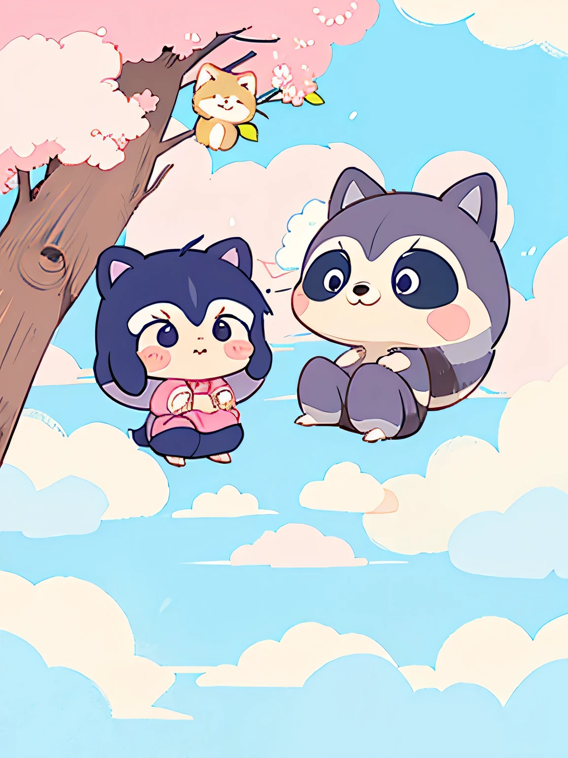 Momoko Sakura style, Kawaii Design, Chibi, (((on the Clouds))), Raccoons, Raccoon Forest