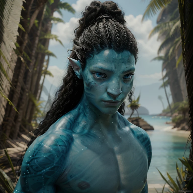 avtr:1.1, avatar style, portrait:1.6, 1boy, male, (AvAonung), (blue skin tone:1.0), (long curly hair in a bun hairstyle:1.0), black hair color, blue eyes, (young adult), 18 years old:1, face wrinkles, wearing tribal clothing, detailed eyes, toned body, muscled body, vibrant colors, glowing, ethereal atmosphere, surrealistic dreamy lighting, textured skin, otherworldly beauty, mesmerizing photography, (best quality, highres), vivid colors, ultrarealistic, skin details, striped skin, sfw, face close-up:0.5, ultradetailed body