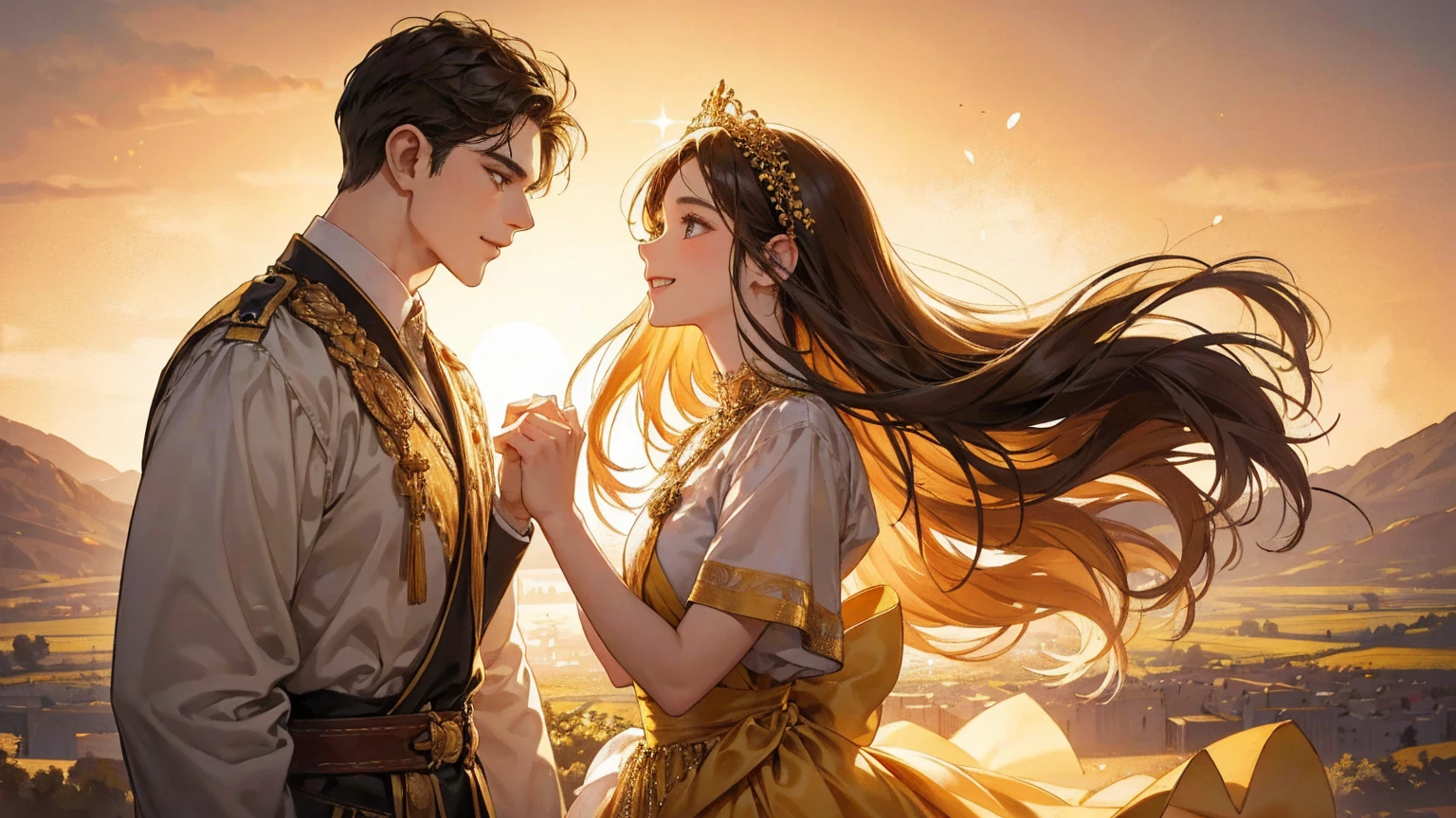 A happy couple, Ruth and Boaz, in ancient Israel, with a nostalgic golden sparkle.
- Main body: A happy couple, Ruth and Boaz, in ancient Israel - Textures: nostalgic golden sparkle - additional details: detailed facial expressions, traditional clothing, serene background landscape - Image quality: (best quality, ultra-detailed), highres, vivid colors
- Art style: portraits, landscape - color tone: warm tones, golden hue: soft diffused light, illuminating their joyful expressions