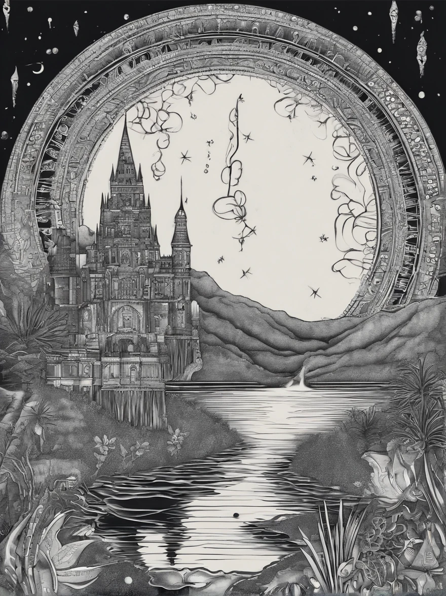 (Neon),Circuit Board,(moon:1.5),(Bubbles),(fireworks:1.5),Dreams,(Psychedelic),(Neon light),(A peaceful and magical dream castle),In this vibrant,Charming surroundings,center,A dreamy and majestic castle,Central Lake,Surrounded by a variety of aquatic plants,Many different types and colors of flowers adorn the beautiful landscape,Multiple waterfalls burst from nearby cliffs,Their waters sparkle in the dawn light,When they poured into the lake,The sun is just beginning to peek over the horizon,The first rays of sunlight of the day cast beautiful, warm tones over the castle and surrounding nature.,(Ultra HD, masterpiece, precise, Anatomically correct, textured skin, High Detail, high quality, The award-winning, 8k)