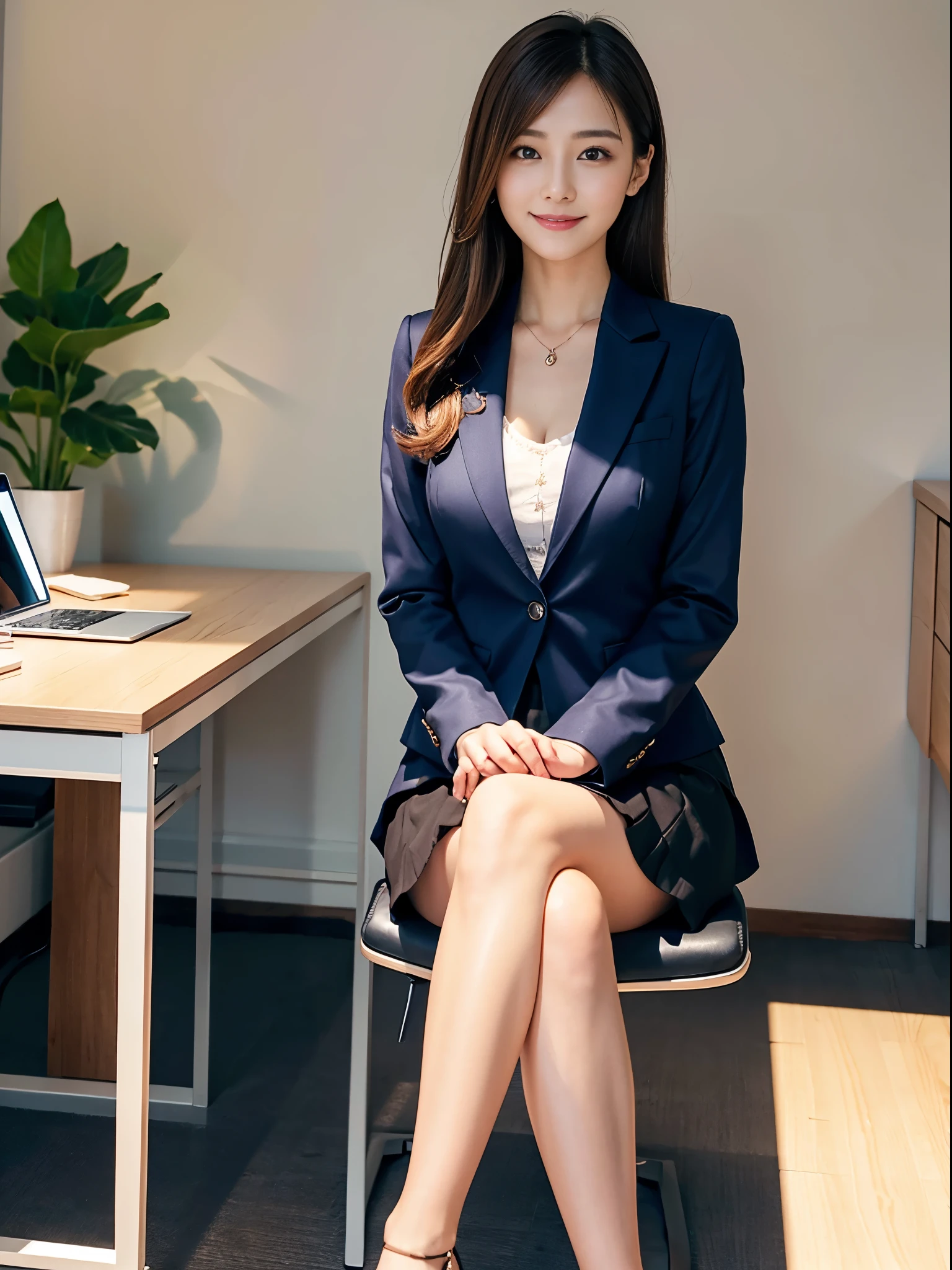 Sit on a chair、noon、Bright office、desk work、Change of clothes、Jacket、Hair tied up、Light brown hair、Navy blue suit、Short skirt、beauty secretary、（Very large breasts、Very thin and long legs、Perfect figure、High heels、whole body、smile）、1 female、No makeup、23 years old、（masterpiece、8K,RAW Photos、High resolution:1.4）、The soft look enhances the calm expression of a woman.。
