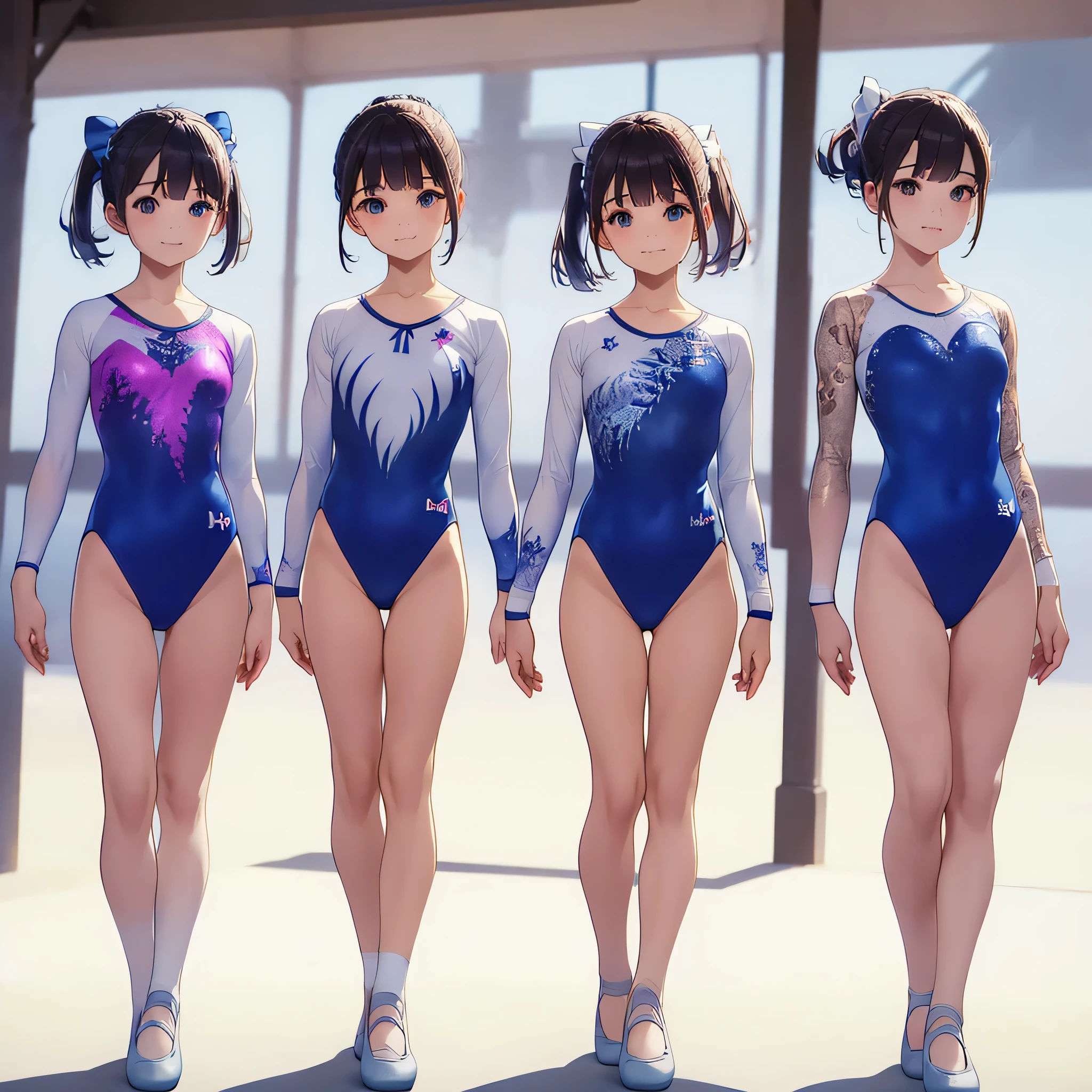 (masterpiece, best quality:1.2),Gymnastics club,(3 girls:1.3),(long sleeves leotard:1.3),(brocade pattern leotard:1.3),(white leotard),full body, pony tail, blue ribbon, long hair,(gymsuit:1.3),over 20 years old, under 25 years old:1.2), ballet shoes, white background