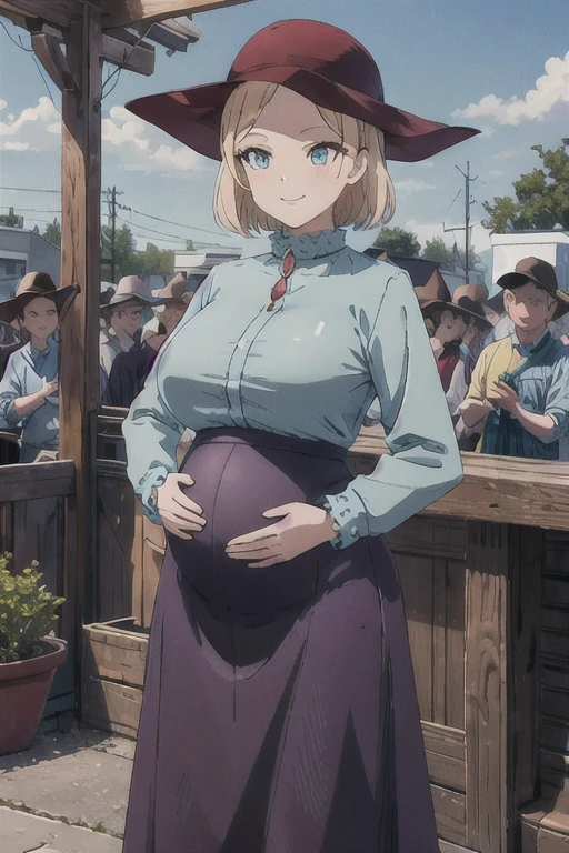 hayasakamama, 1 Girl, alone, Blonde Hair, blue eyes, Watching the audience, short hair, Long sleeve, Blue Shirt, Ruby brooch, Purple Skirt, masterpiece, highest quality, , smile, Long skirt, Outdoor red hat, Cowboy Shot,Pregnant women、Large Breasts、Big belly pregnant:1.5