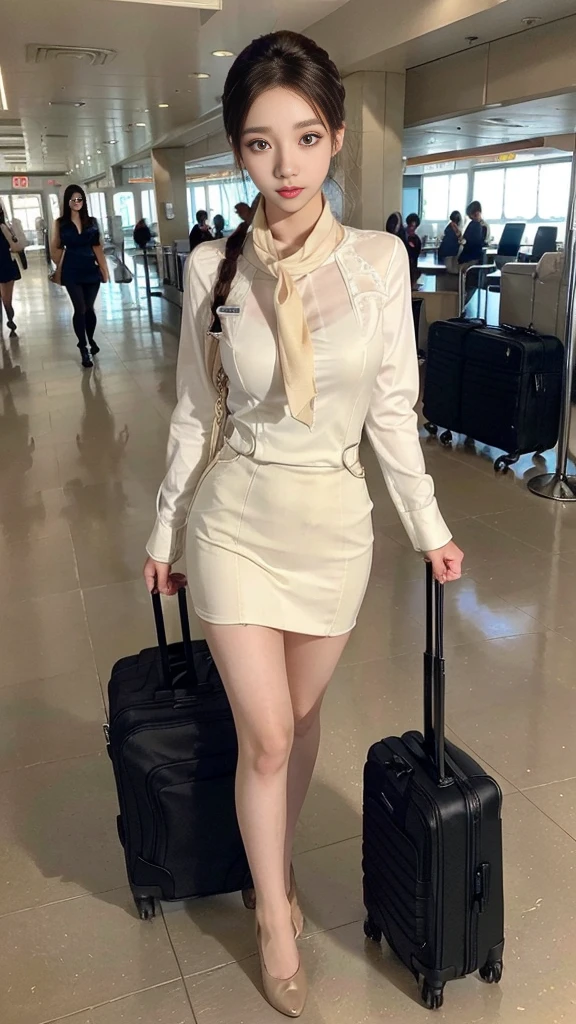 ((Incredibly stylish and beautiful)), ((really meticulous CG)), (realistic)、(intricate details:1.2)、(masterpiece、:1.3)、(top quality:1.4)、(Ultra A high resolution:1.2)、Ultra A high resolution, 8K resolution, Very detailed expression, studio soft light, vivid details, super detailing, complete anatomy, realistic skin texture, realistoc shading, (Highly detailed CG Unity 16k wallpaper), (High Quality), full body photo, 1 girl, (korean facial makeup : 1.4), beautiful: 1.3, a little smile, walking, ((crew cut, bun hair, flight attendant hair style)), perfect figure, femur, medium chest, Medium Body, Korean flight attendant, (Flight attendant uniforms),(Flight attendants in uniform), detail face, warm gaze, clear eyes, beautiful detailed eyes, small nose, small head, silk petit scarf, nude-colored shiny pantyhose : 1.5, court shoes)), air terminal, airport lobby, luggage, random color : 1.2, boarding an airplane, detailed background