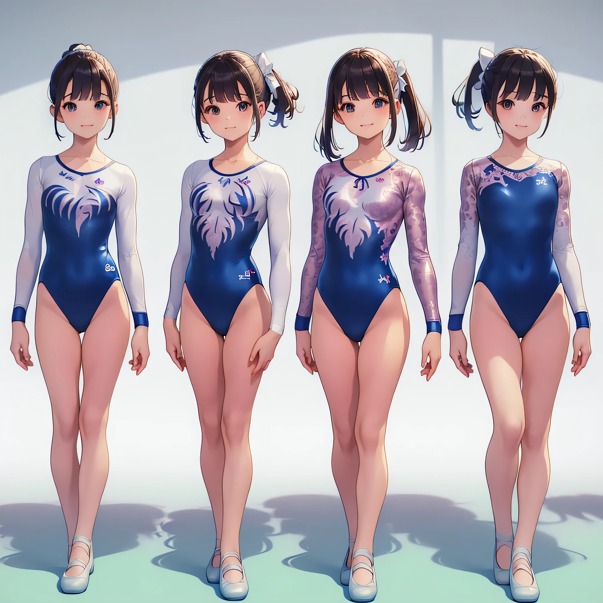 (masterpiece, best quality:1.2),Gymnastics club,(3 girls:1.3),(long sleeves leotard:1.3),(brocade pattern leotard:1.3),(white leotard),full body, pony tail, blue ribbon, long hair,(gymsuit:1.3),over 20 years old, under 25 years old:1.2), ballet shoes, white background