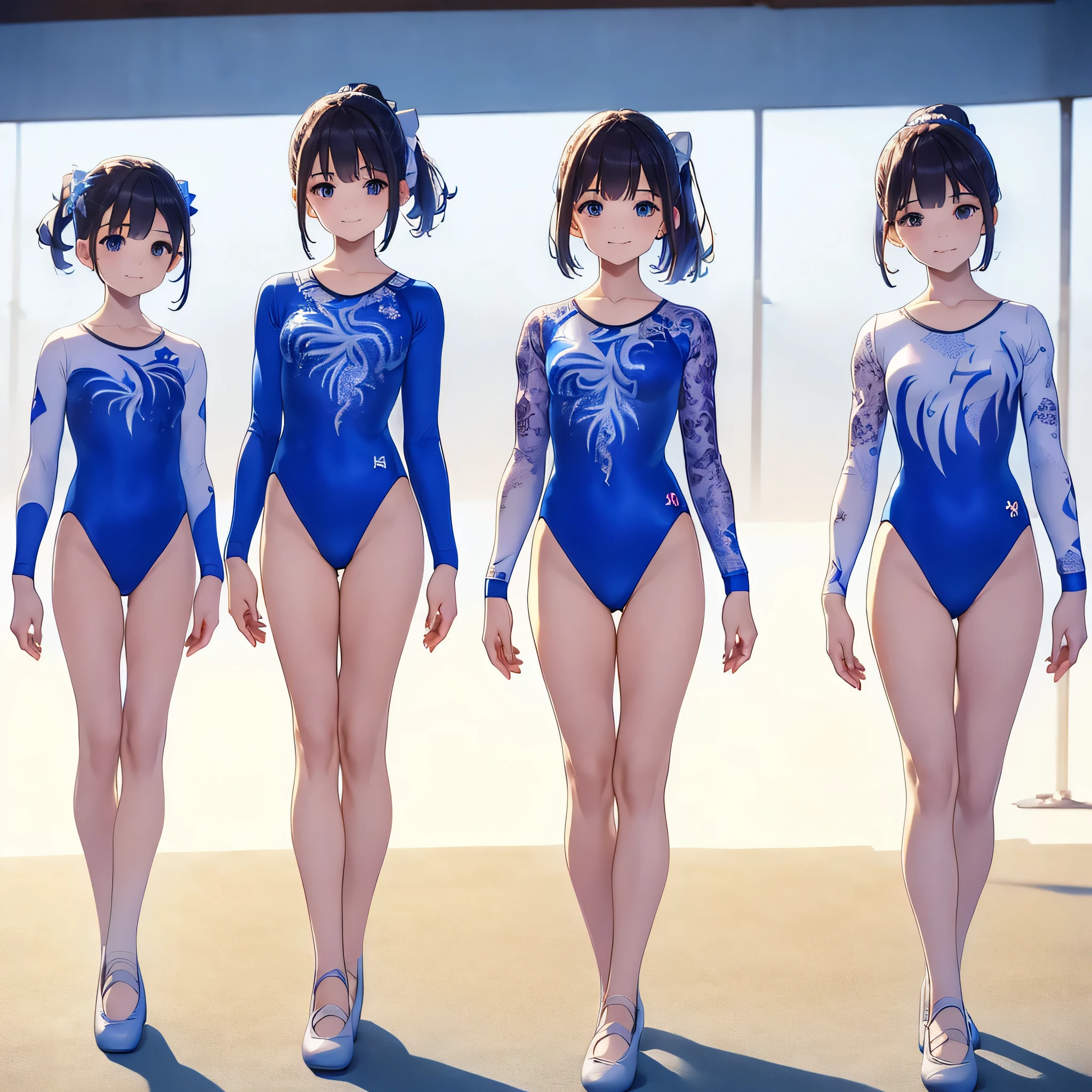 (masterpiece, best quality:1.2),Gymnastics club,(3 girls:1.3),(long sleeves leotard:1.3),(brocade pattern leotard:1.3),(white leotard),full body, pony tail, blue ribbon, long hair,(gymsuit:1.3),over 20 years old, under 25 years old:1.2), ballet shoes, white background