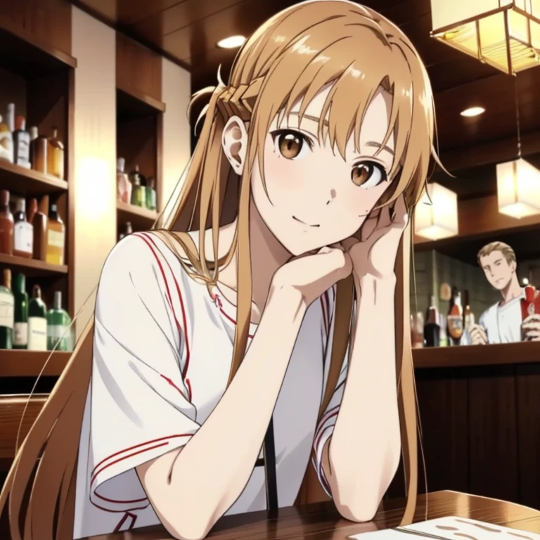 ((highest quality)), ((masterpiece)), (detailed), Perfect Face、Yuuki Asuna、（The woman is a brown-haired Japanese）、（A woman sits next to a white man in a nice bar, becomes drunk and leans on him.）、A white man embraces a drunk woman、((The white man is well-built and has a strong body.))、The woman is dressed casually、Man dressed casually、（The woman came over and looked completely drunk.）、Night falls、