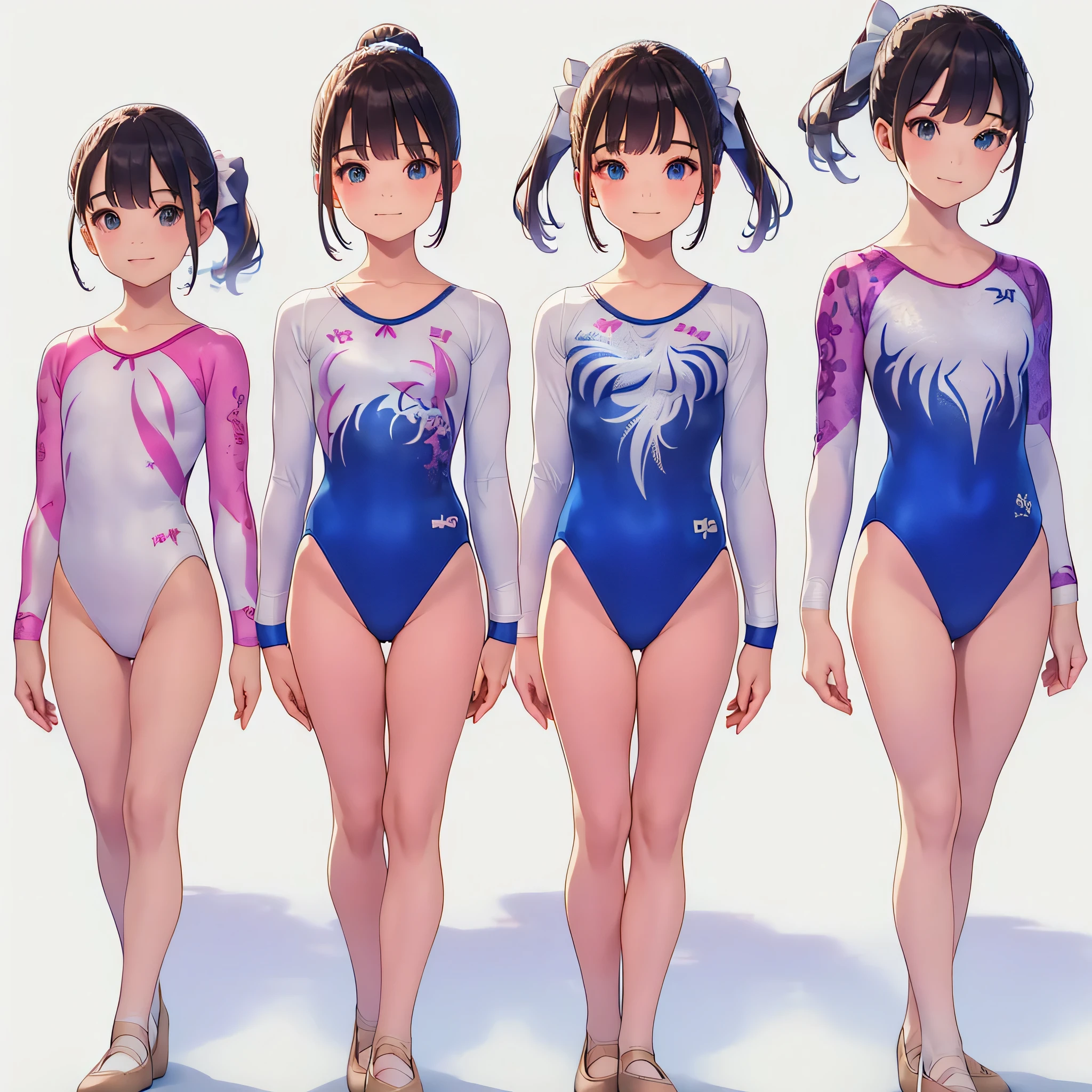 Gymnastics club,(3 girls:1.3),(long sleeves leotard:1.3),(brocade pattern leotard:1.3),(white leotard),full body, pony tail, blue ribbon, long hair,(gymsuit:1.3),over 20 years old, under 25 years old:1.2), ballet shoes, white background