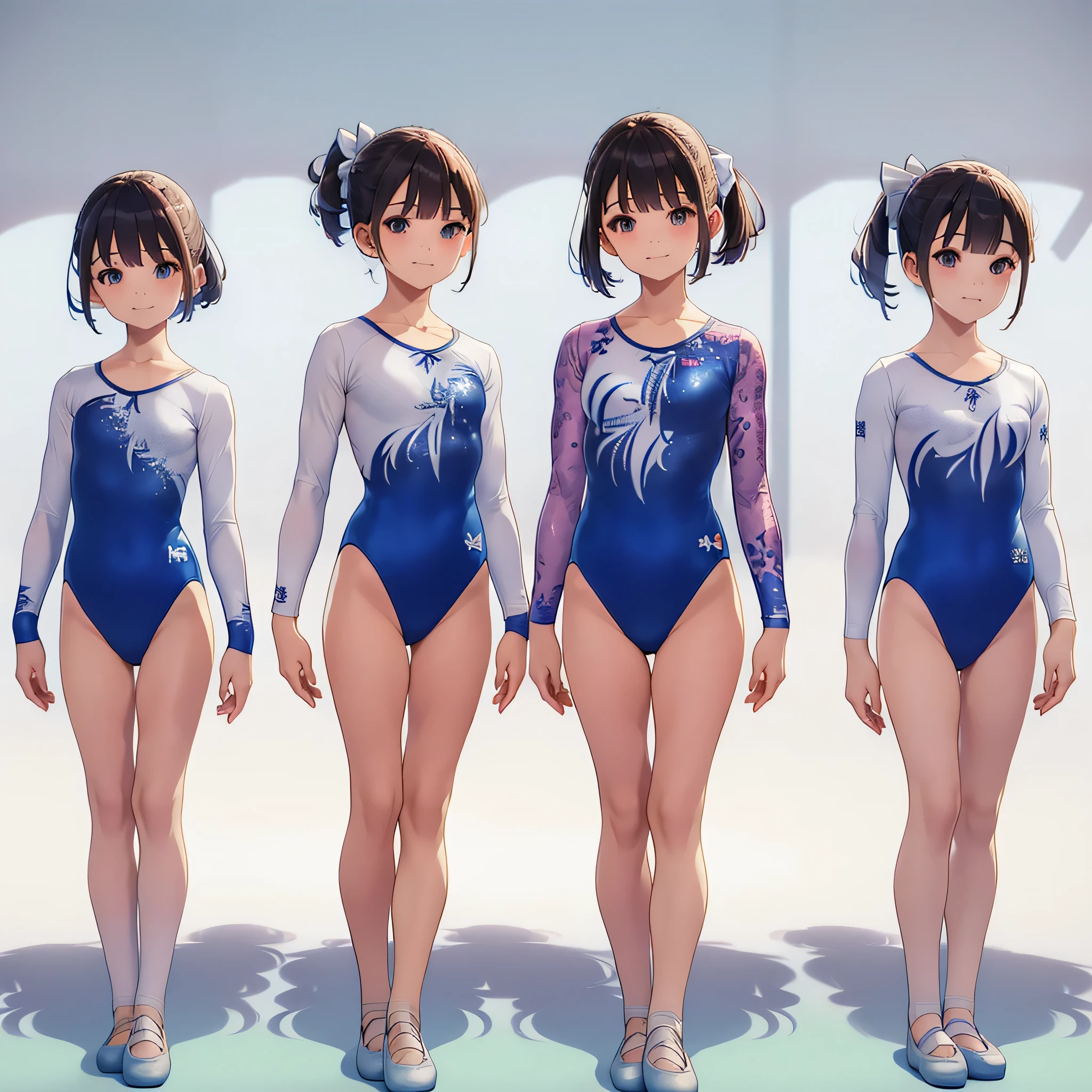 Gymnastics club,(3 girls:1.3),(long sleeves leotard:1.3),(brocade pattern leotard:1.3),(white leotard),full body, pony tail, blue ribbon, long hair,(gymsuit:1.3),over 20 years old, under 25 years old:1.2), ballet shoes, white background