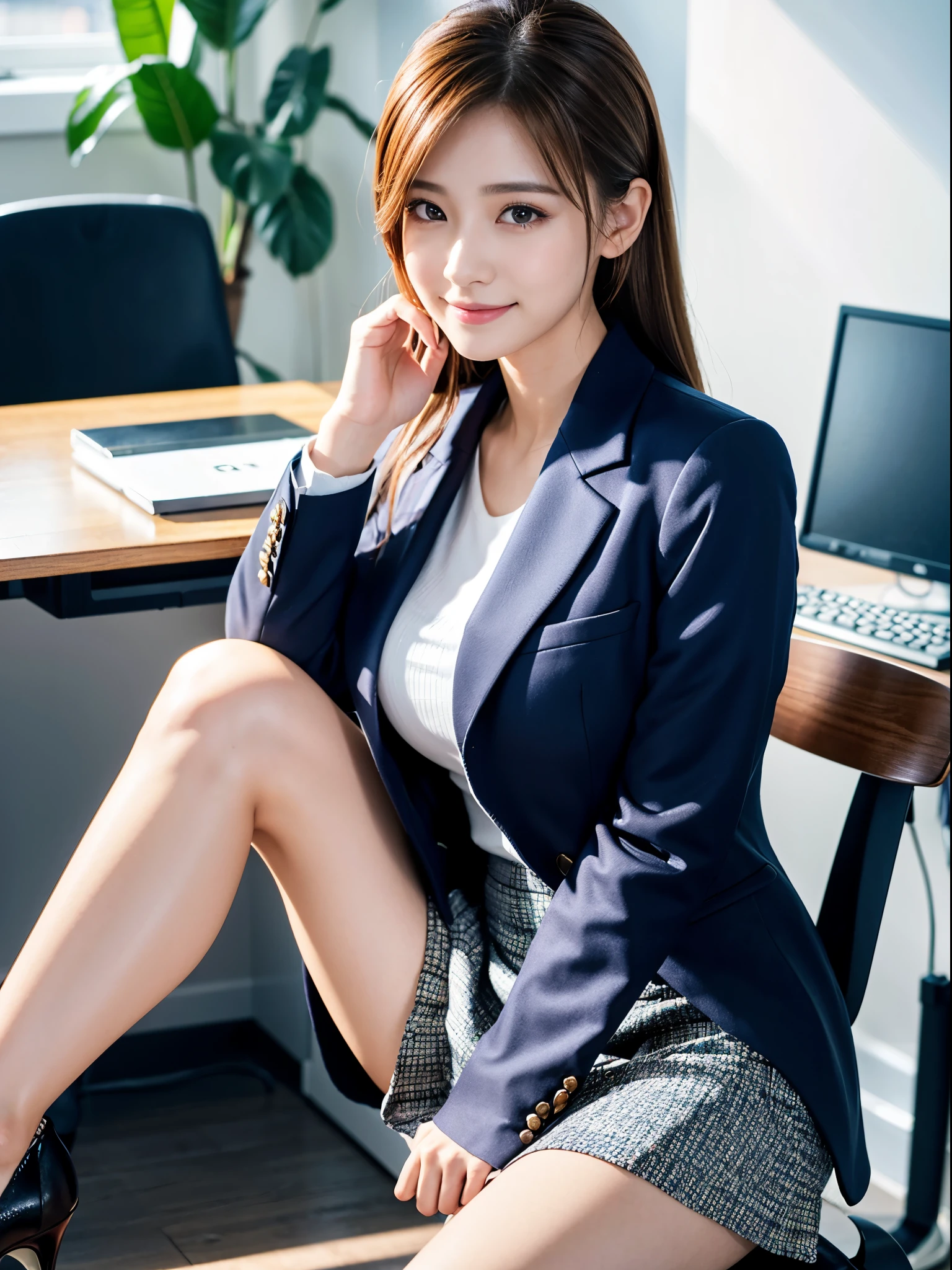 Sit on a chair、noon、Bright office、desk work、Change of clothes、Jacket、Hair tied up、Light brown hair、Navy blue suit、Short skirt、beauty secretary、(Very large breasts、Very thin and long legs、Perfect figure、High heels、whole body、smile)、1 female、No makeup、23 years old、(masterpiece、8K,RAW Photos、High resolution:1.4)、The soft look enhances the calm expression of a woman.。