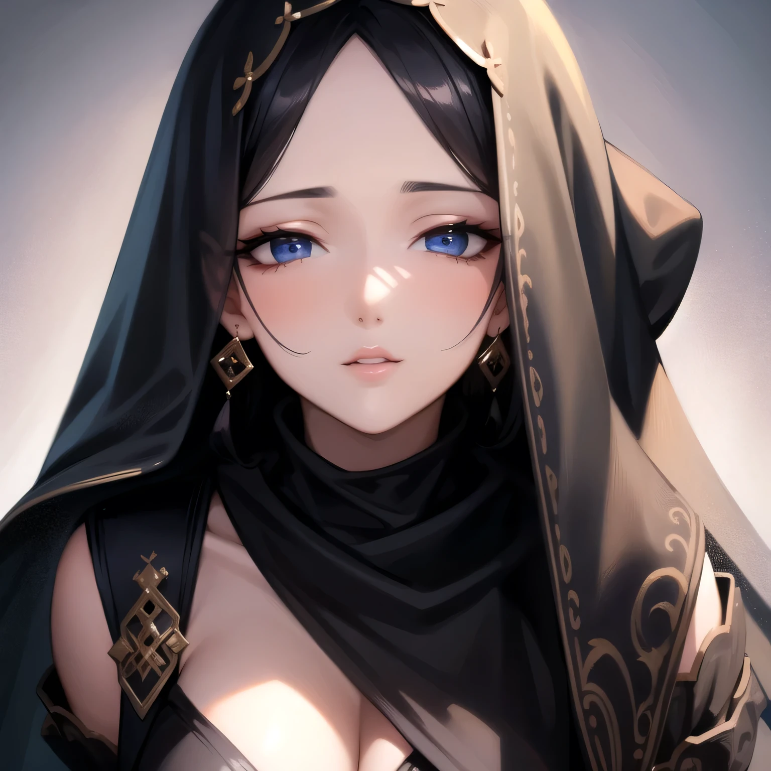 Amazing portrait of a sexy Arabian woman with a beautiful face wearing a black cloth covering over her head and face except eyes showcasing beautiful and seductive eyes in a sultry pose