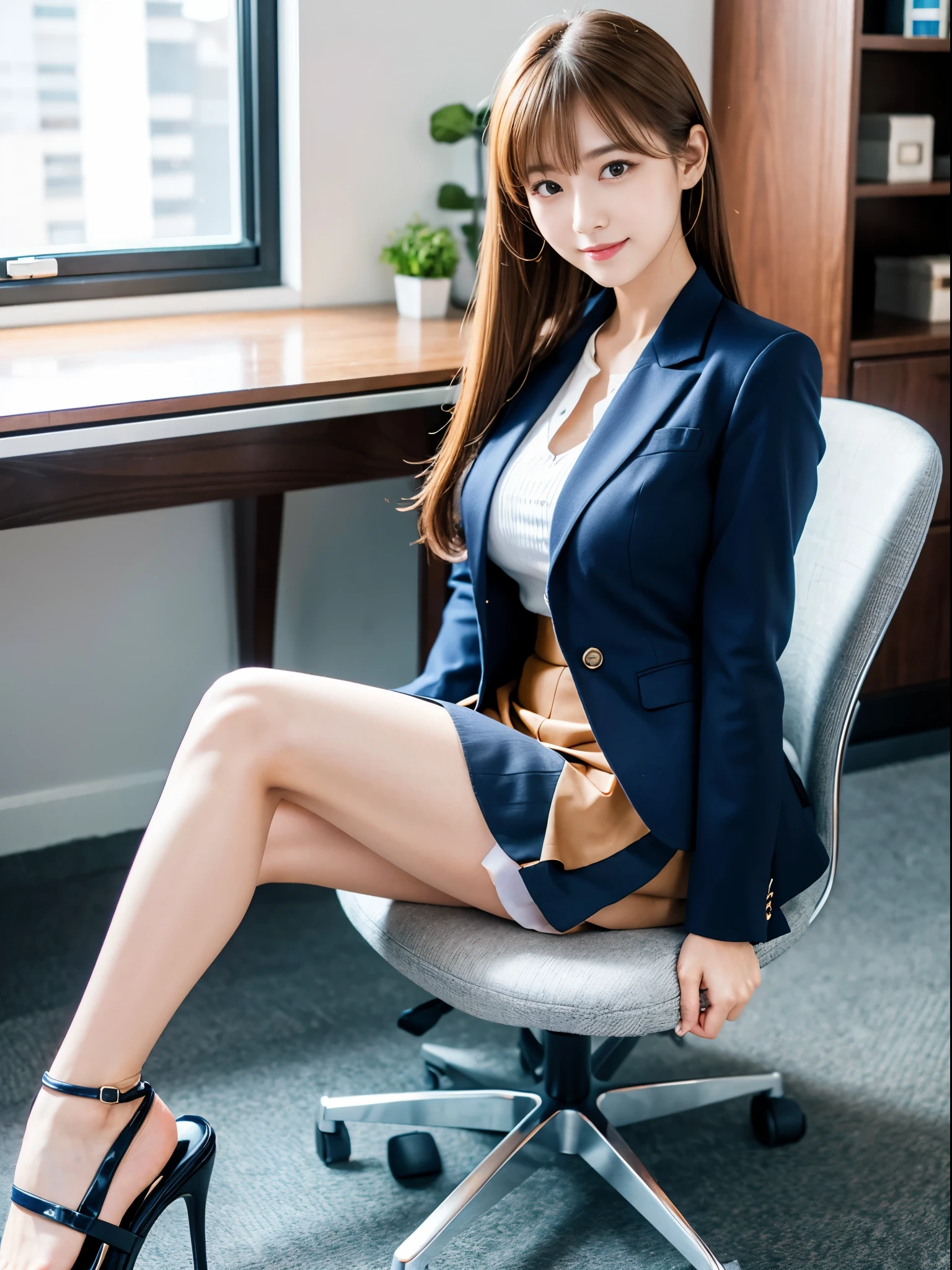Sit on a chair、noon、Bright office、desk work、Change of clothes、Jacket、Hair tied up、Light brown hair、Navy blue suit、Short skirt、beauty secretary、(Very large breasts、Very thin and long legs、Perfect figure、High heels、whole body、smile)、1 female、No makeup、23 years old、(masterpiece、8K,RAW Photos、High resolution:1.4)、The soft look enhances the calm expression of a woman.。