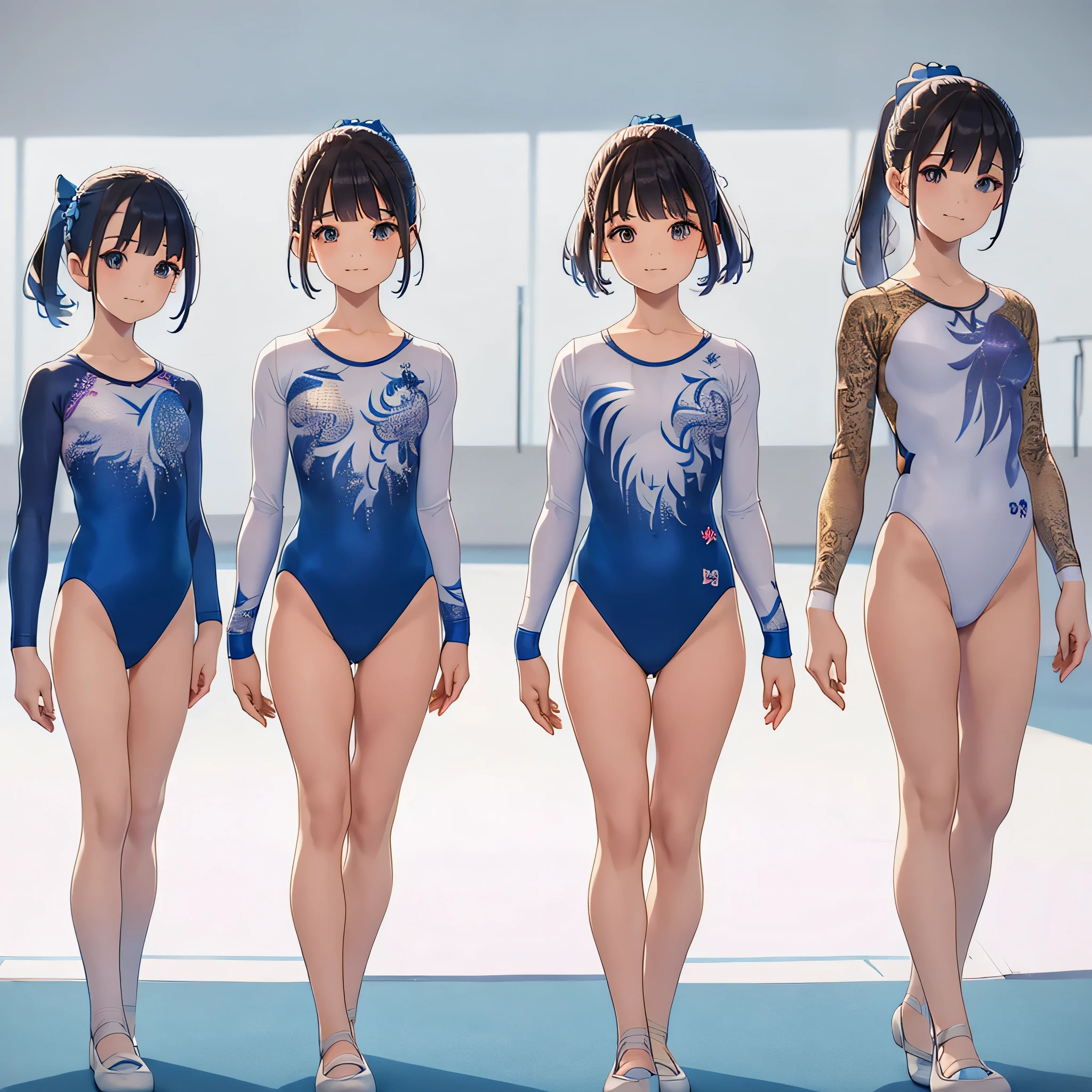 Gymnastics club,(3 girls:1.3),(long sleeves leotard:1.3),(brocade pattern leotard:1.3),(white leotard),full body, pony tail, blue ribbon, long hair,(gymsuit:1.3),over 20 years old, under 25 years old:1.2), ballet shoes, white background