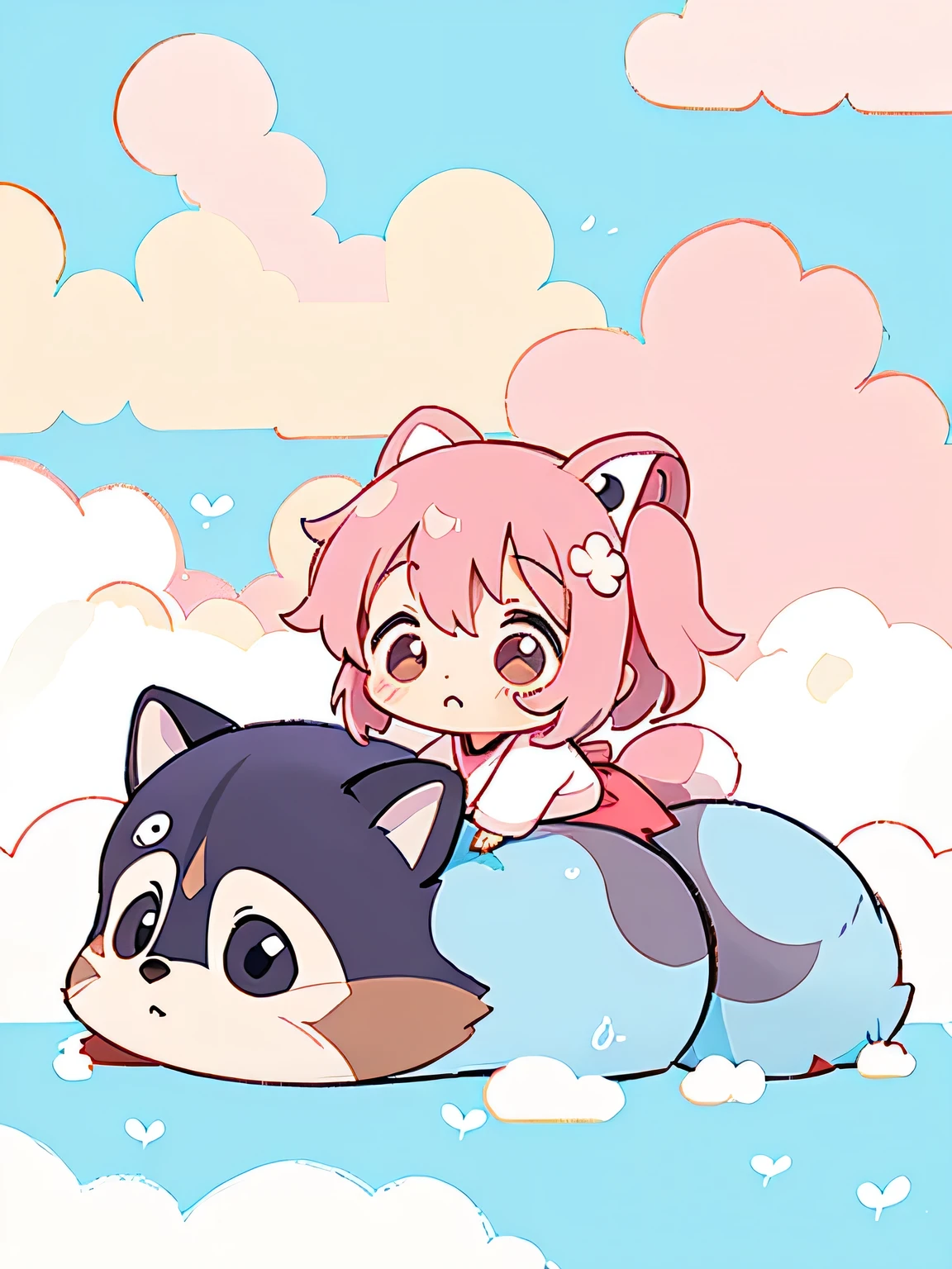Momoko Sakura style, Kawaii Design, Chibi, (((on the Clouds))), Raccoons, Raccoon Forest