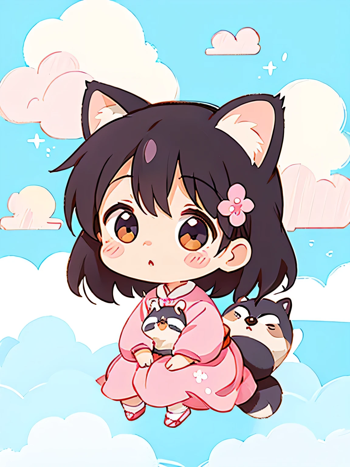 Momoko Sakura style, Kawaii Design, Chibi, (((on the Clouds))), Raccoons, Raccoon Forest
