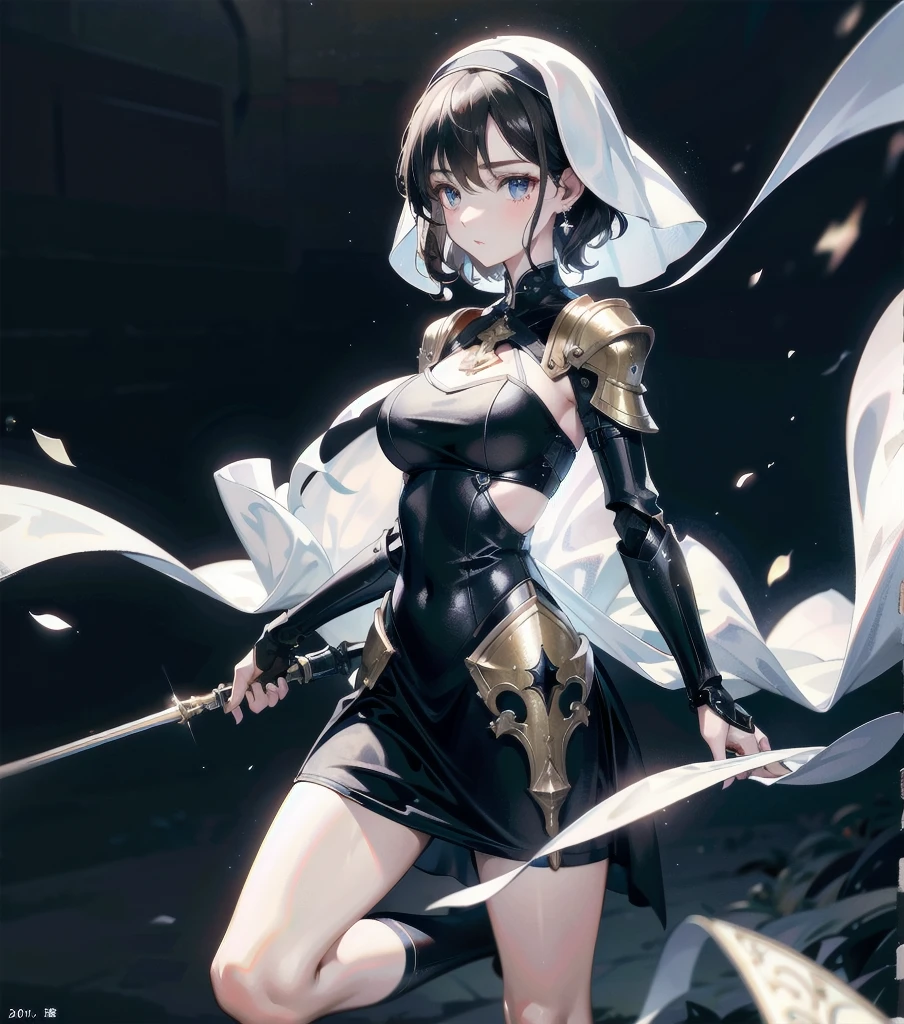 absurdres, RAW photo, extremely delicate and beautiful, masterpiece, Best Quality, ultra high resolution, 32k, hyperrealistic, ultra-detailed, detailed description, pale skin, 20 years old, detailed beautiful face and eyes, tearful mole, earring, very huge round breasts, short medium hair, wavy hair, (full body shot), alone, Mysterious nun, ((combat armor costume)), Weapons with a cross motif,