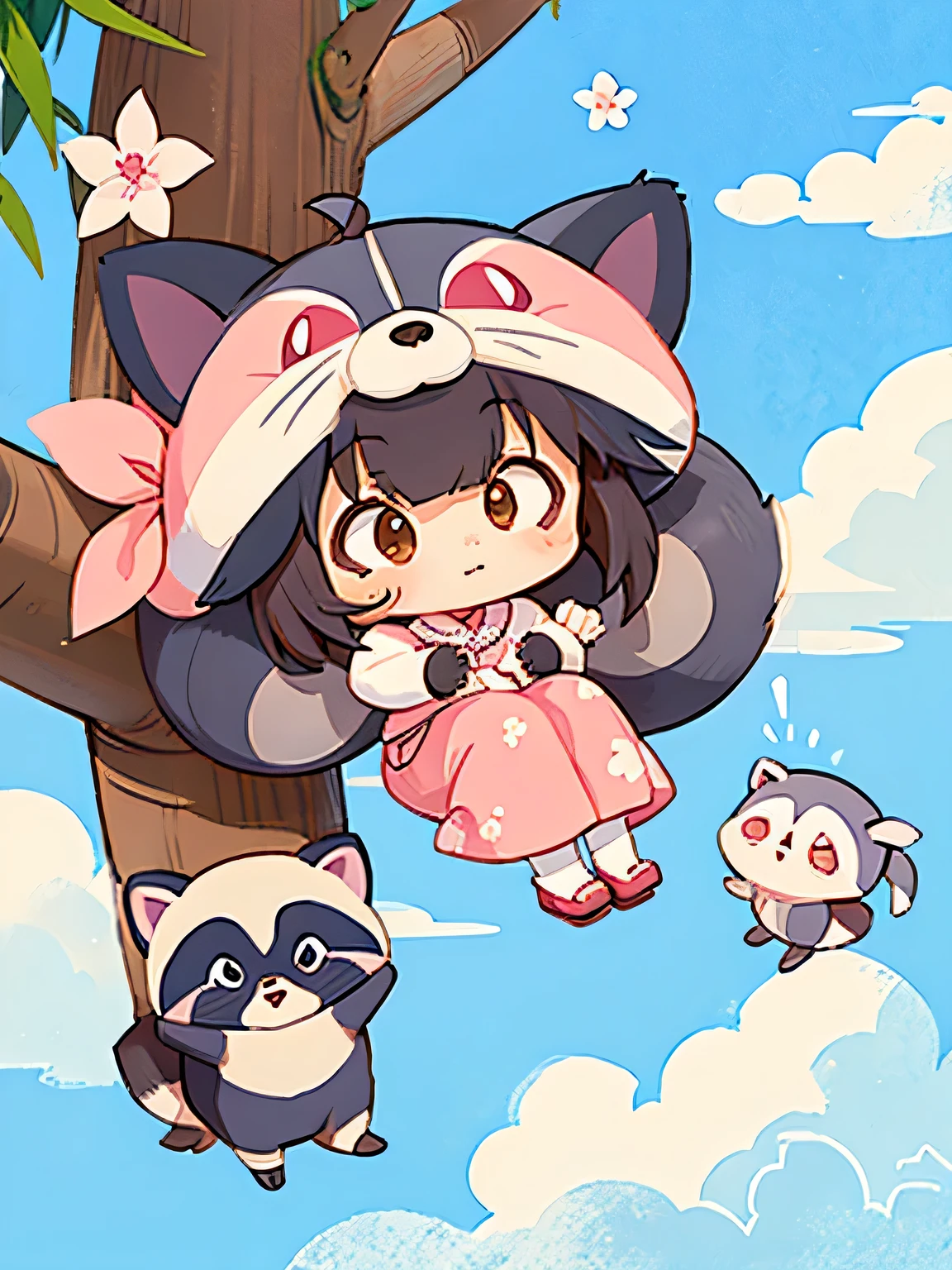 Momoko Sakura style, Kawaii Design, Chibi, (((on the Clouds))), Raccoons, Raccoon Forest