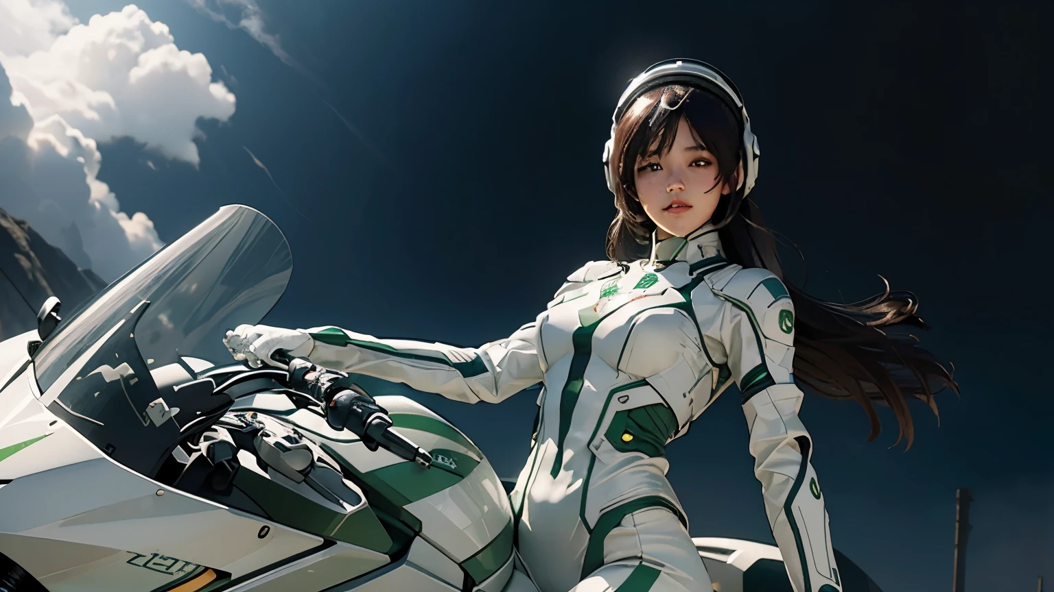 Best image quality, Excellent details, Ultra-high resolution, (realism: 1.4), Best illustrations, Favorite Details, Very condensed one girl, Delicate and beautiful features, Wearing a white and green mecha, Wearing a mecha helmet, Hold the directional controller, Riding on motorcycle, The background is a futuristic city high tech lighting scene.