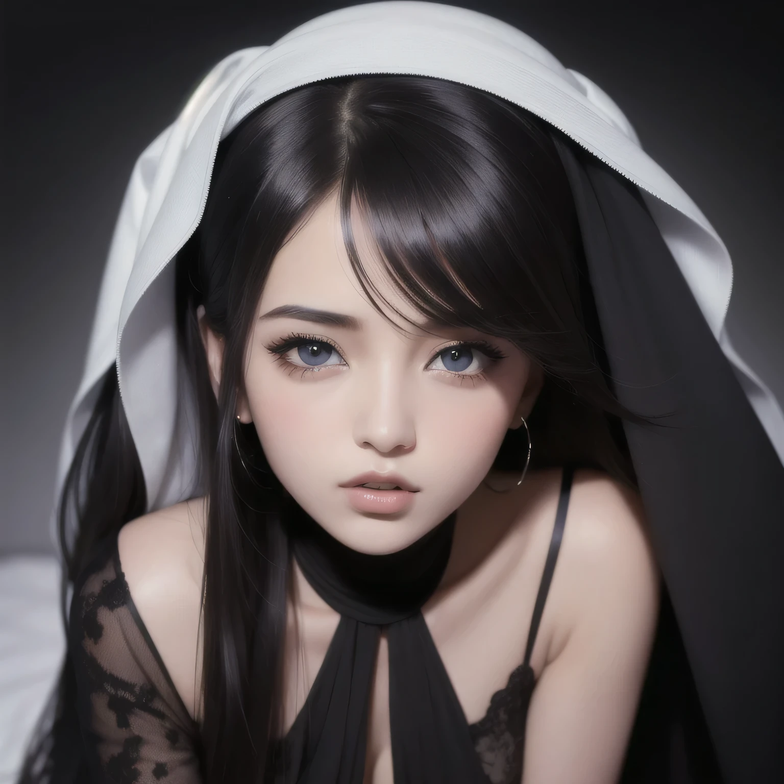 Amazing portrait of a sexy Arabian woman with a beautiful face wearing a black cloth covering over her head and face except eyes showcasing beautiful and seductive eyes in a sultry pose