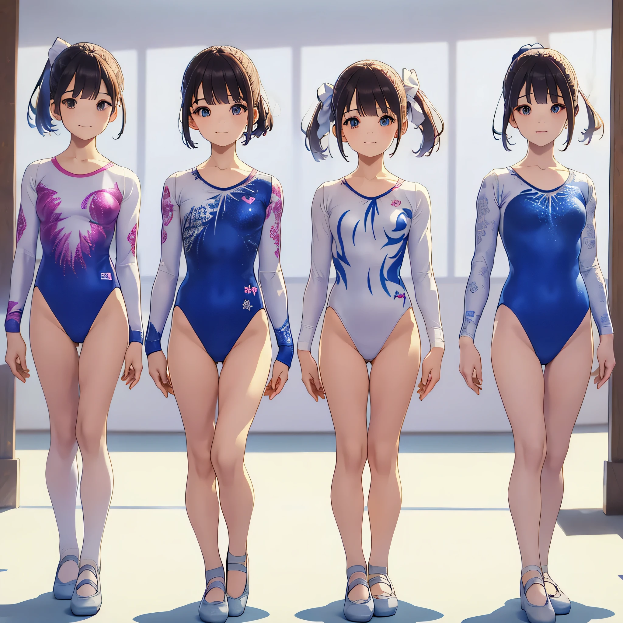 Gymnastics club,(3 girls:1.3),(long sleeves leotard:1.3),(brocade pattern leotard:1.3),(white leotard),full body, pony tail, blue ribbon, long hair,(gymsuit:1.3),over 20 years old, under 25 years old:1.2), ballet shoes, white background