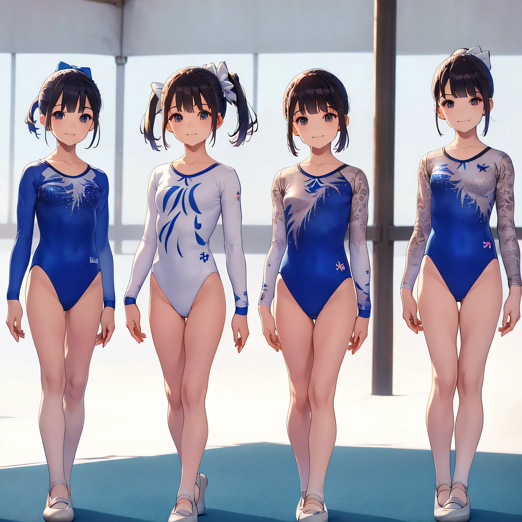 Gymnastics club,(3 girls:1.3),(long sleeves leotard:1.3),(brocade pattern leotard:1.3),(white leotard),full body, pony tail, blue ribbon, long hair,(gymsuit:1.3),over 20 years old, under 25 years old:1.2), ballet shoes, white background