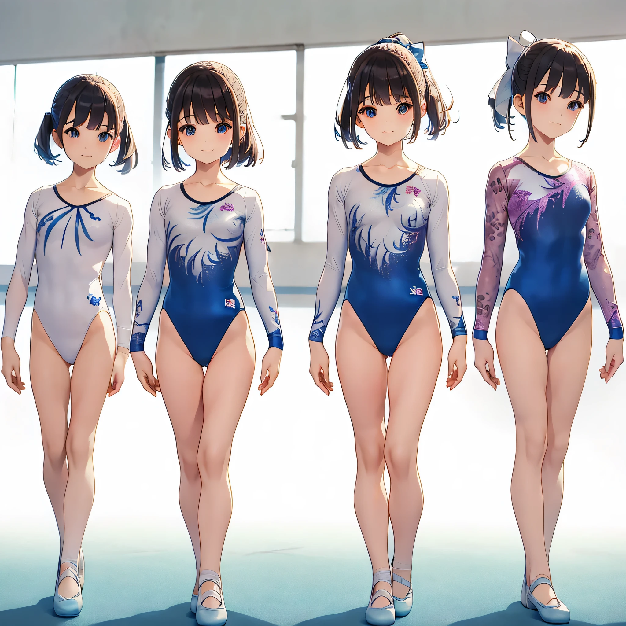 Gymnastics club,(3 girls:1.3),(long sleeves leotard:1.3),(brocade pattern leotard:1.3),(white leotard),full body, pony tail, blue ribbon, long hair,(gymsuit:1.3),over 20 years old, under 25 years old:1.2), ballet shoes, white background