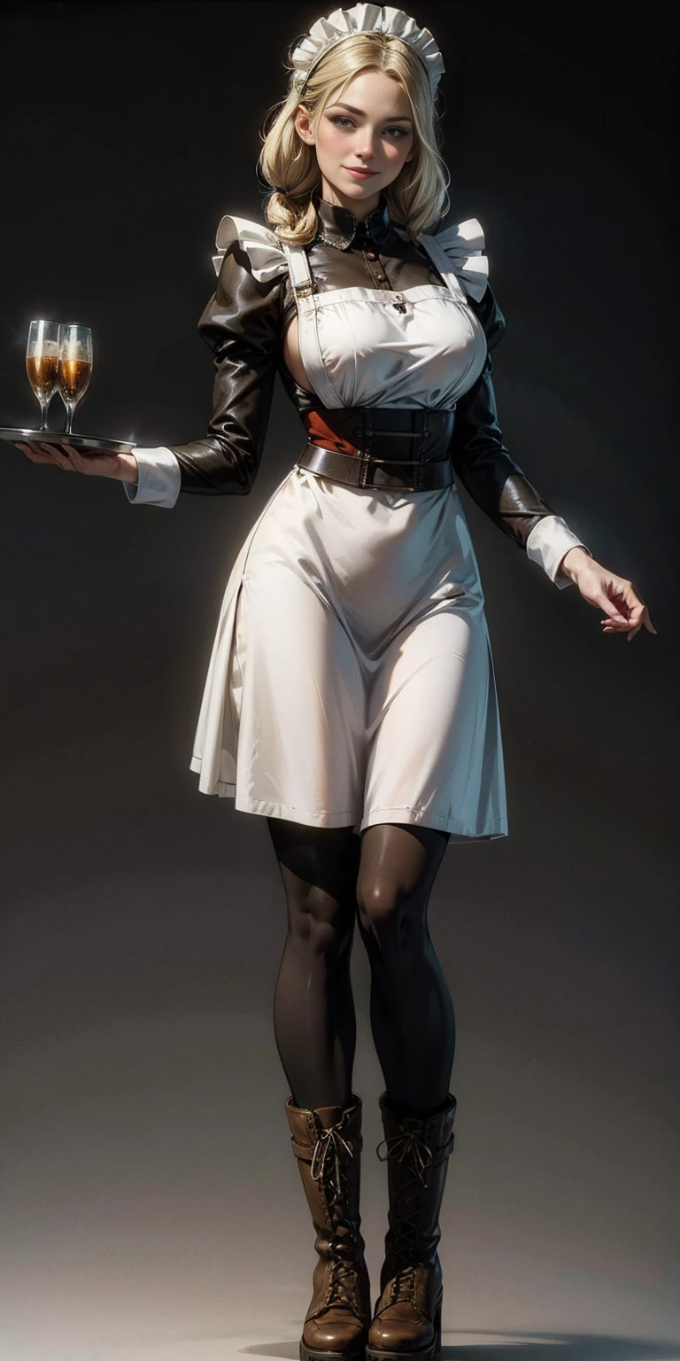 (masterpiece, plain background) full body standing straight symmetrical, lustful smirking smile face red blush red cheeks, looking at viewer, holding tray, braid, maid headdress, maid, dress, apron, long sleeves, brown pantyhose, long leather military boots, thighs, long white hair