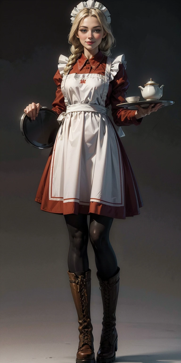 (masterpiece, plain background) full body standing straight symmetrical, lustful smirking smile face red blush red cheeks, looking at viewer, holding tray, braid, maid headdress, maid, dress, apron, long sleeves, brown pantyhose, long leather military boots, thighs, long white hair