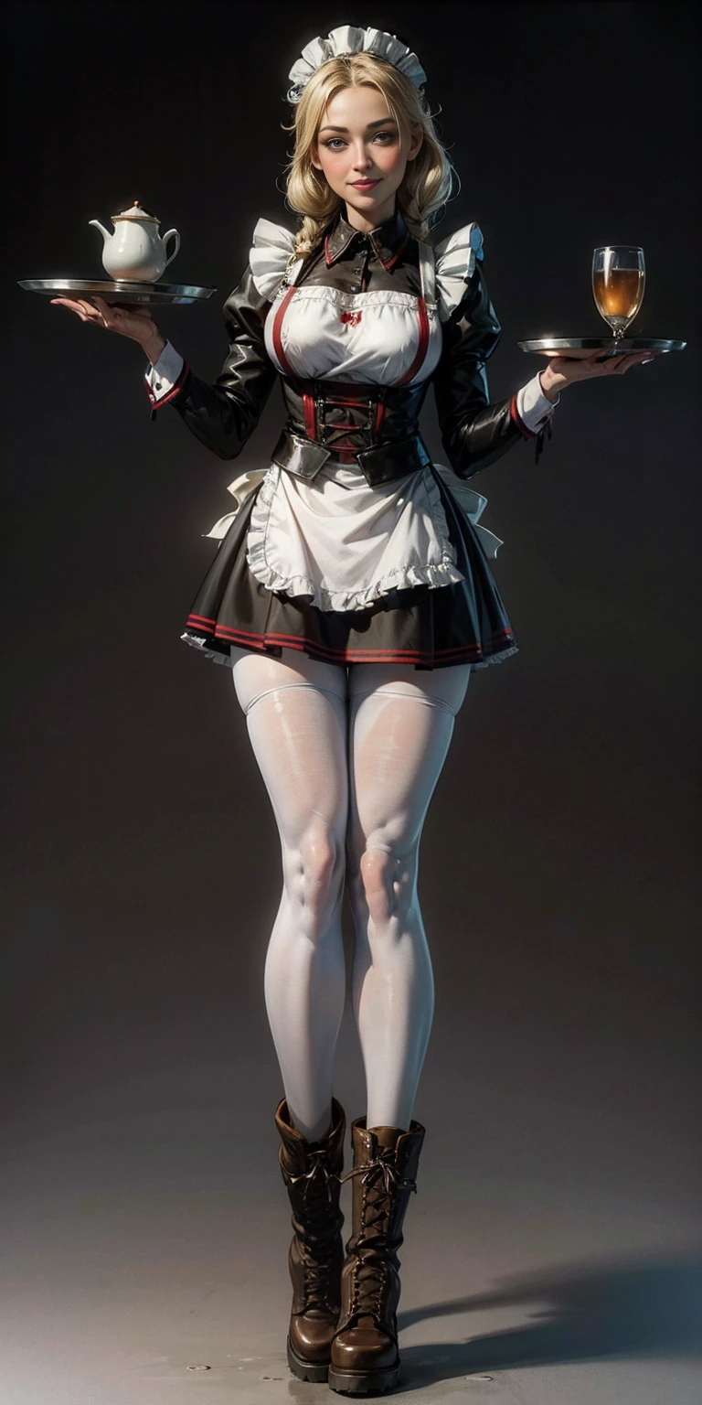 (masterpiece, plain background) full body standing straight symmetrical, lustful smirking smile face red blush red cheeks, looking at viewer, holding tray, braid, maid headdress, maid, dress, apron, long sleeves, brown pantyhose, long leather military boots, thighs, long white hair