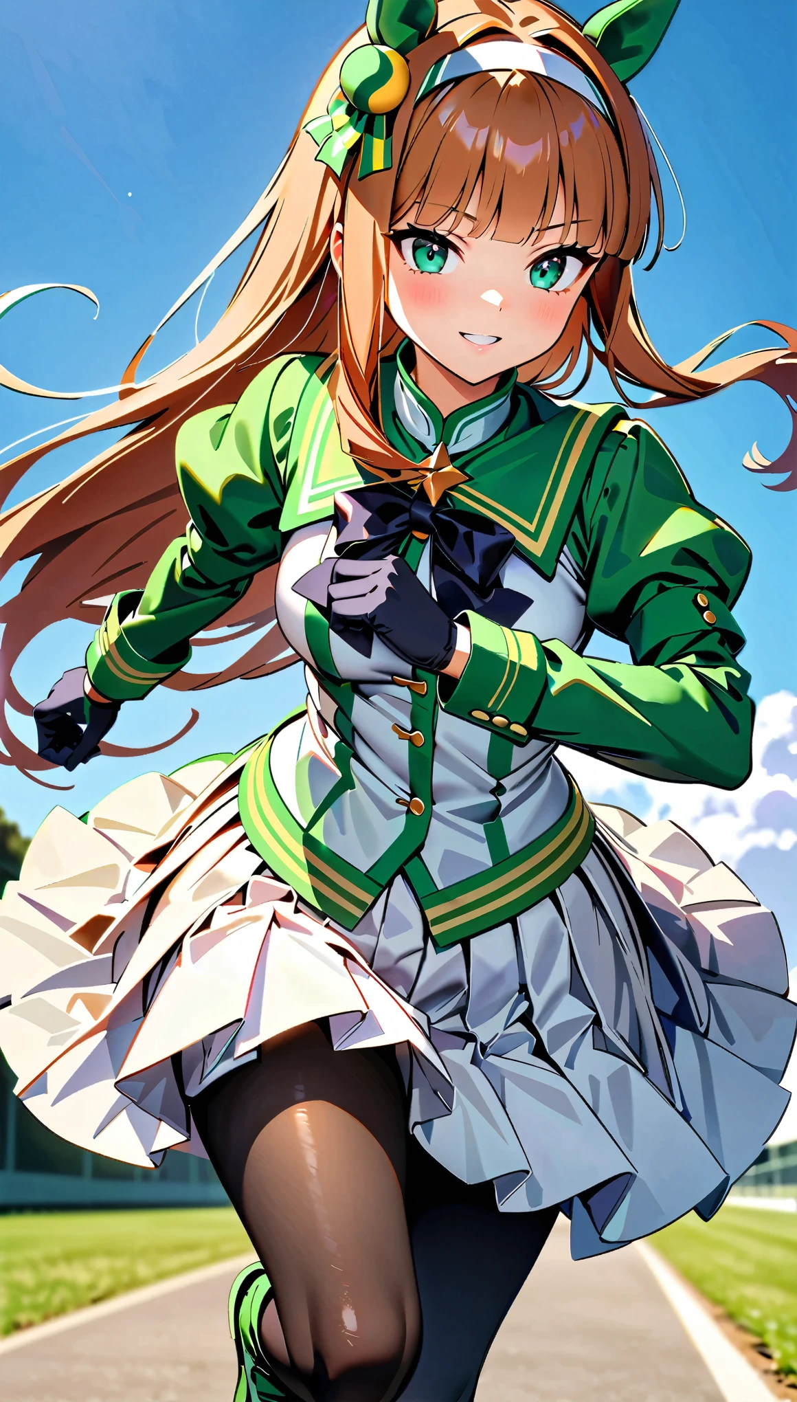 (high quality, 8k, 4K, High Contrast, masterpiece:1.2, 最high quality, Best aesthetics), ((1 female)), Silence Suzuka(umamusume), Black gloves, White Skirt, Pleated skirt, Black Pantyhose, Layered sleeves, Puff short sleeves, Short or long sleeves, Black Bow, Running pose, Full-body wide-angle, Serious face, running, Speed, Motion Blur:1.2,