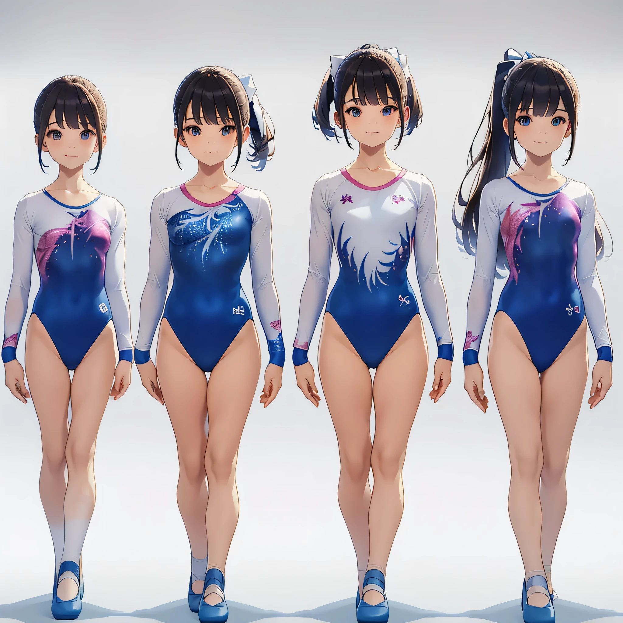 Gymnastics club,(3 girls:1.3),(long sleeves leotard:1.3),(brocade pattern leotard:1.3),(white leotard),full body, pony tail, blue ribbon, long hair,(gymsuit:1.3),over 20 years old, under 25 years old:1.2), ballet shoes, white background