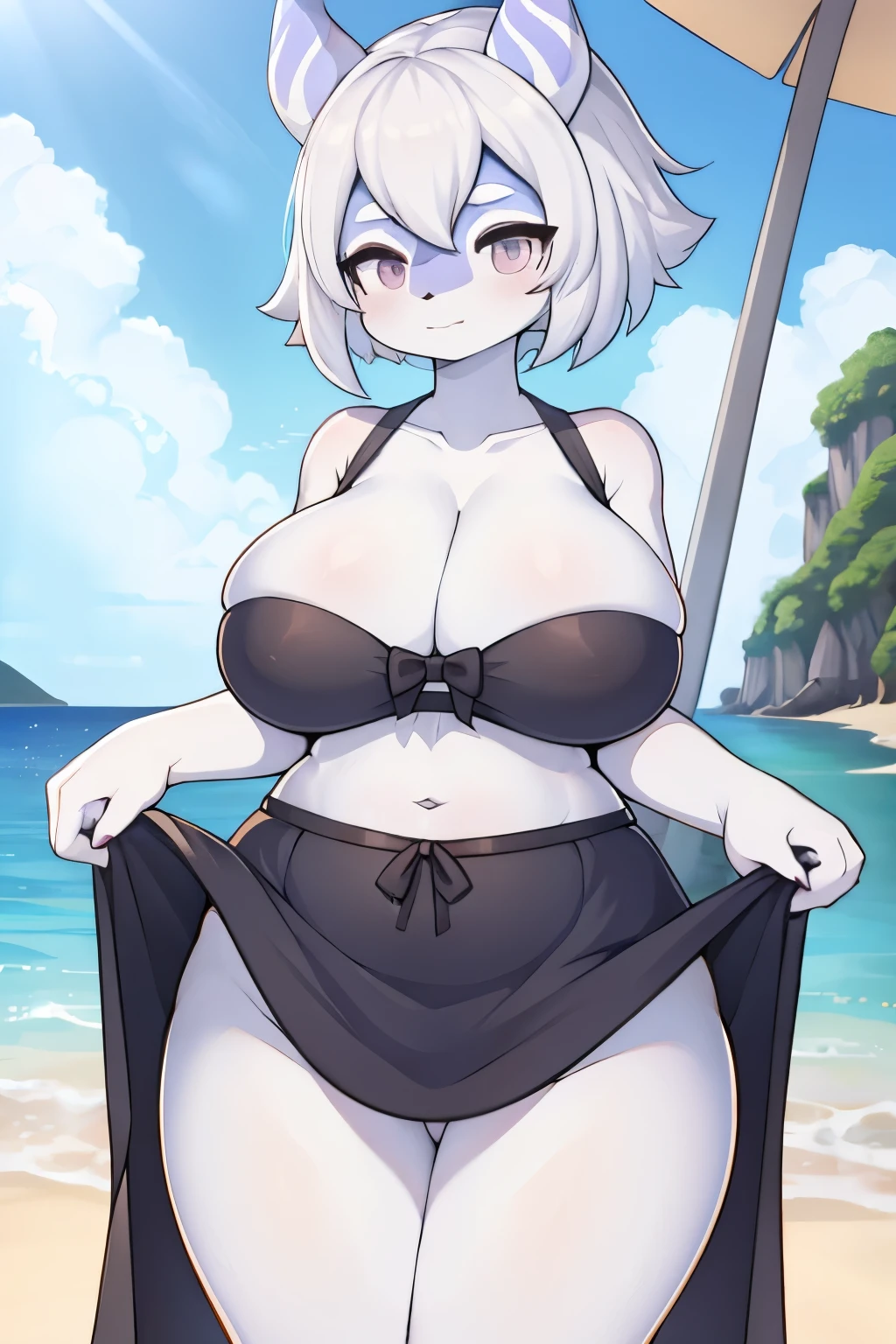 Lovely,Pure white skin,White hair,Slim,Detailed abdomen,Big breasts,girl,White belly-baring dress,Occlusive,Black skirt,(background:beach),Showing belly