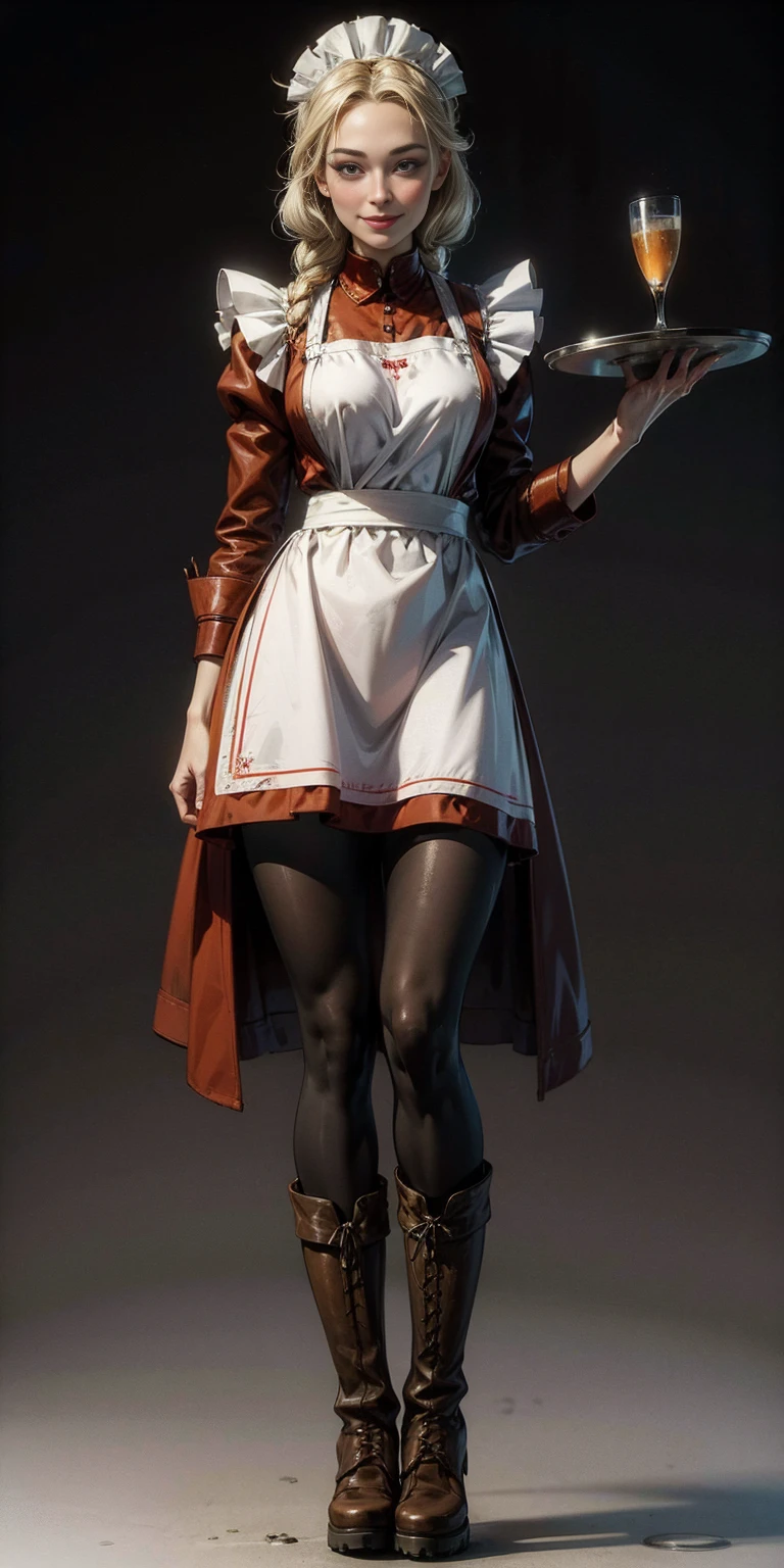 (masterpiece, plain background) full body standing straight symmetrical, lustful smirking smile face red blush red cheeks, looking at viewer, holding tray, braid, maid headdress, maid, dress, apron, long sleeves, brown pantyhose, long leather military boots, thighs, long white hair, dog fluffy ears