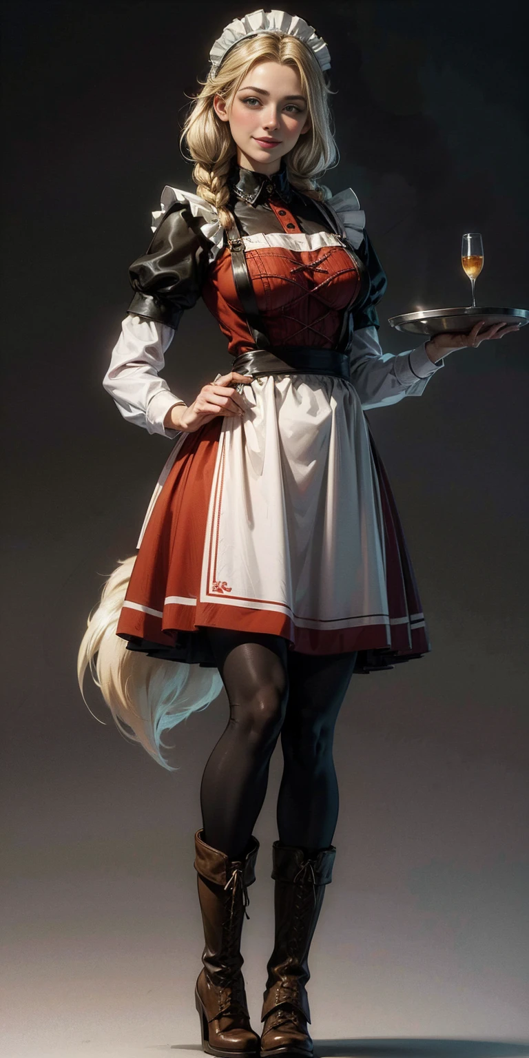 (masterpiece, plain background) full body standing straight symmetrical, lustful smirking smile face red blush red cheeks, looking at viewer, holding tray, braid, maid headdress, maid, dress, apron, long sleeves, brown pantyhose, long leather military boots, thighs, long white hair, dog fluffy ears