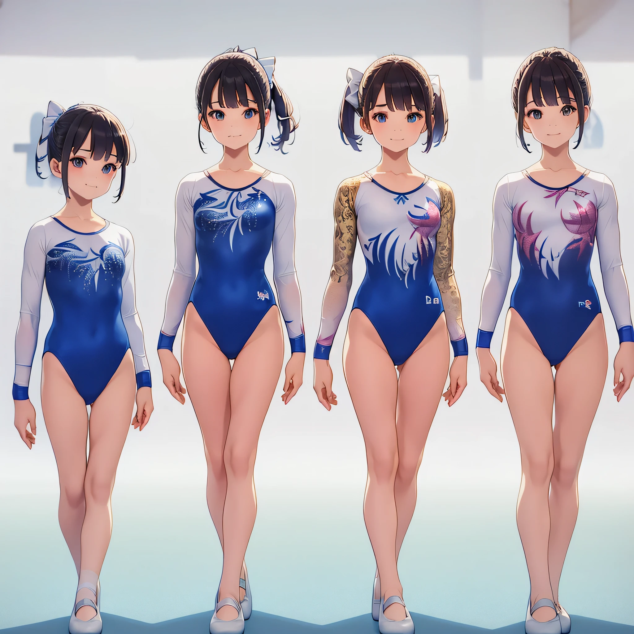 Gymnastics club,(3 girls:1.3),(long sleeves leotard:1.3),(brocade pattern leotard:1.3),(white leotard),full body, pony tail, blue ribbon, long hair,(gymsuit:1.3),over 20 years old, under 25 years old:1.2), ballet shoes, white background