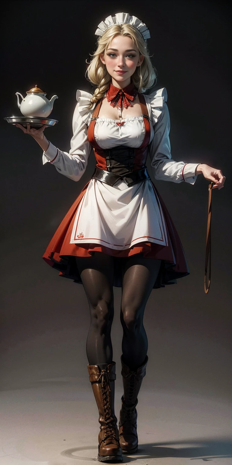 (masterpiece, plain background) full body standing straight symmetrical, lustful smirking smile face red blush red cheeks, looking at viewer, holding tray, braid, maid headdress, maid, dress, apron, long sleeves, brown pantyhose, long leather military boots, thighs, long white hair, dog fluffy ears