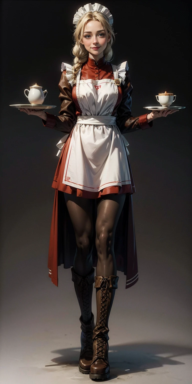 (masterpiece, plain background) full body standing straight symmetrical, lustful smirking smile face red blush red cheeks, looking at viewer, holding tray, braid, maid headdress, maid, dress, apron, long sleeves, brown pantyhose, long leather military boots, thighs, long white hair, dog fluffy ears
