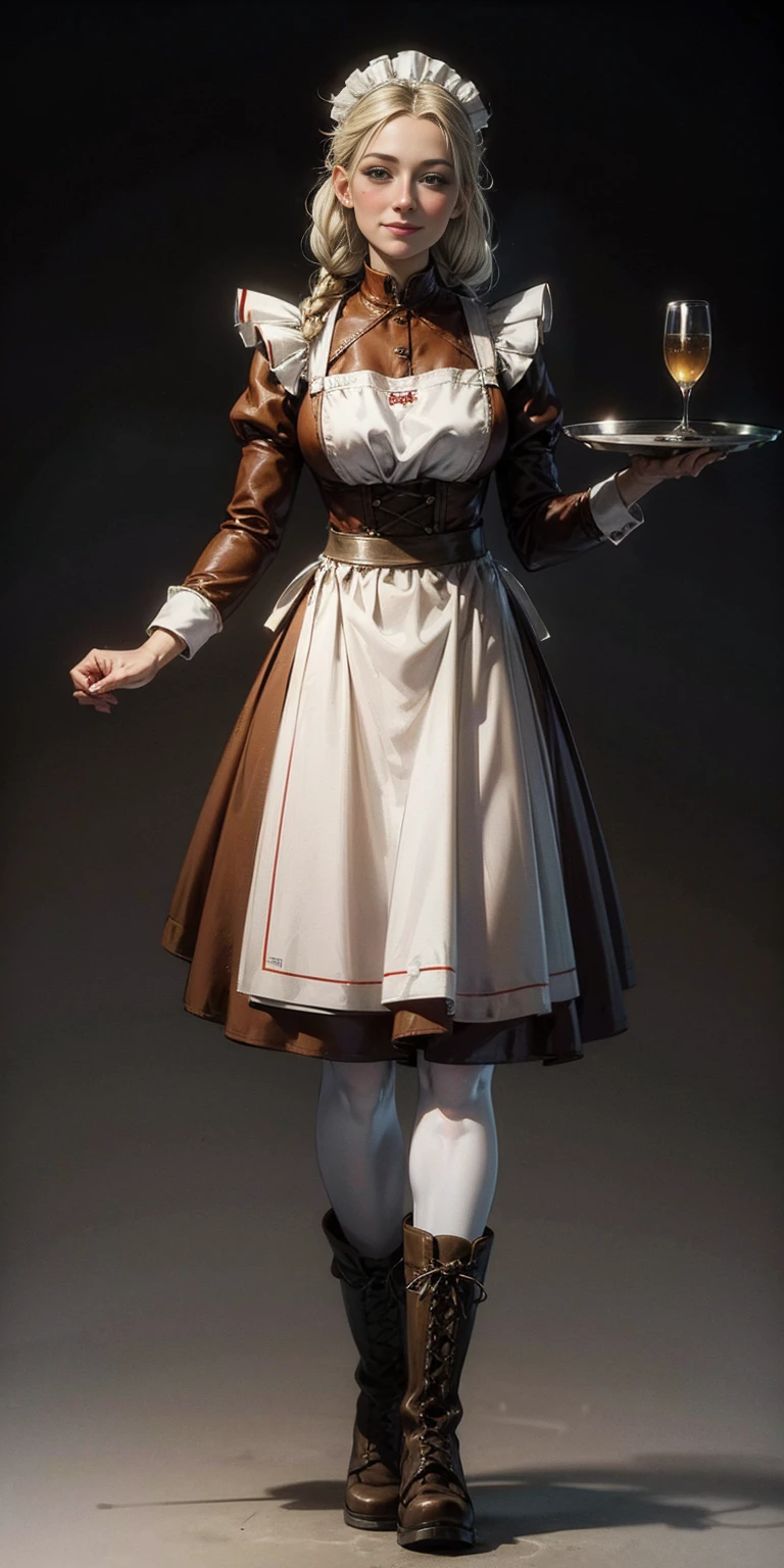 (masterpiece, plain background) full body standing straight symmetrical, lustful smirking smile face red blush red cheeks, looking at viewer, holding tray, braid, maid headdress, maid, dress, apron, long sleeves, brown pantyhose, long leather military boots, thighs, long white hair, dog fluffy ears