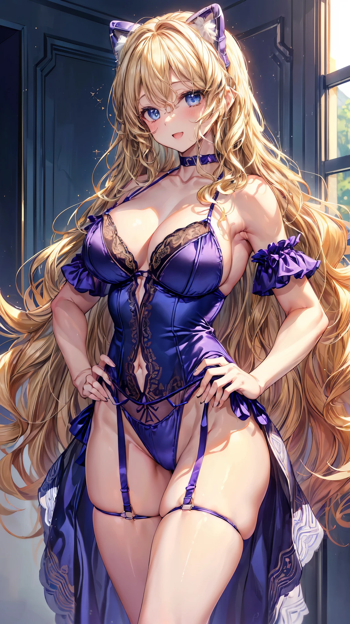 (Adult women:1.5)、Very detailed、highest quality、Best image quality、masterpiece、8k、Anime Face、A kind smile、(Open your mouth:1.3)、Sparkling blue eyes、(Blonde Wavy Hair:1.5)、、Muscles of the whole body、(High leg:1.5)、Thigh belt、(Wearing satin lingerie:1.5)、(Cowboy Shot:1.5)、SFW Giant、(Put your hands on your hips)