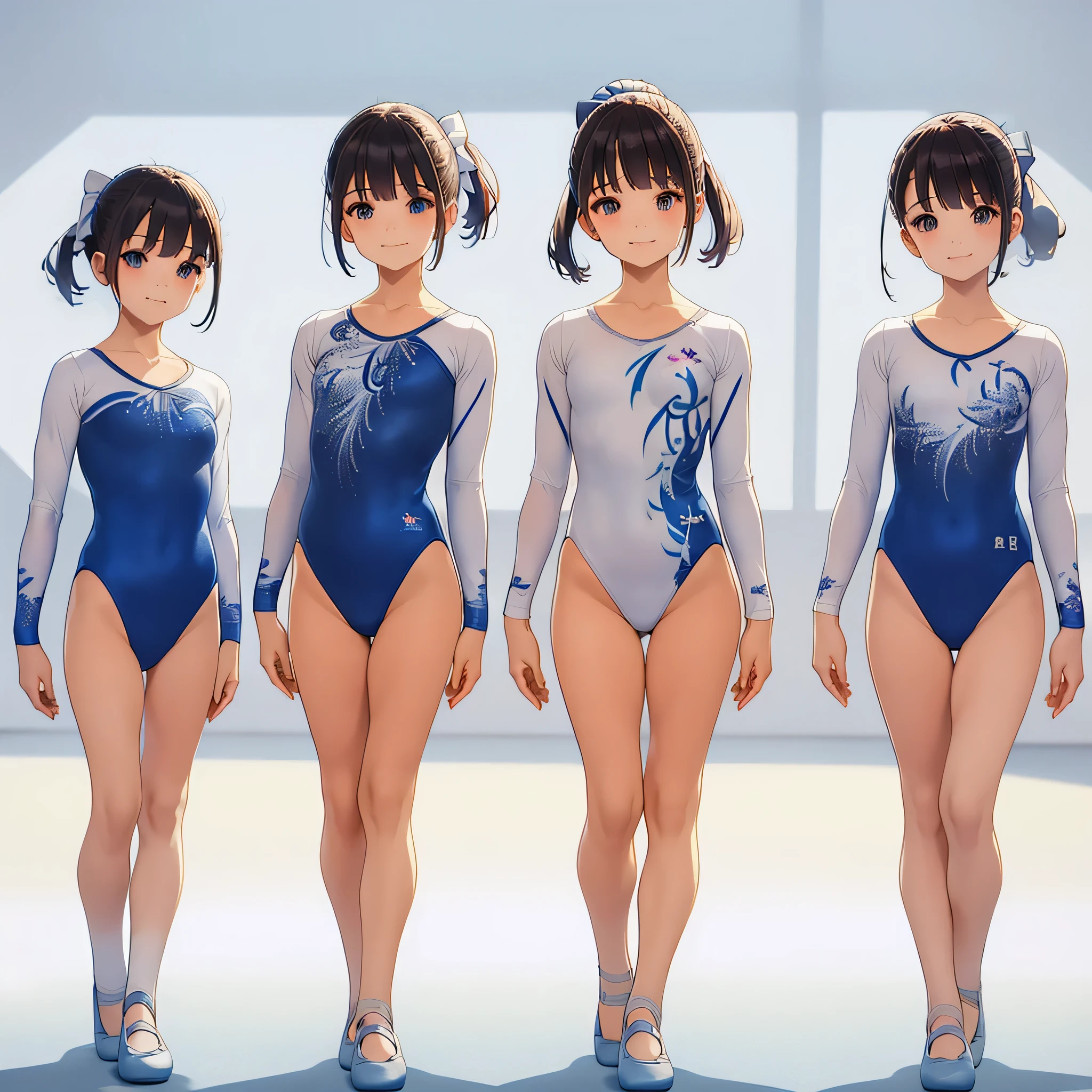 Gymnastics club,(3 girls:1.3),(long sleeves leotard:1.3),(brocade pattern leotard:1.3),(white leotard),full body, pony tail, blue ribbon, long hair,(gymsuit:1.3),over 20 years old, under 25 years old:1.2), ballet shoes, white background