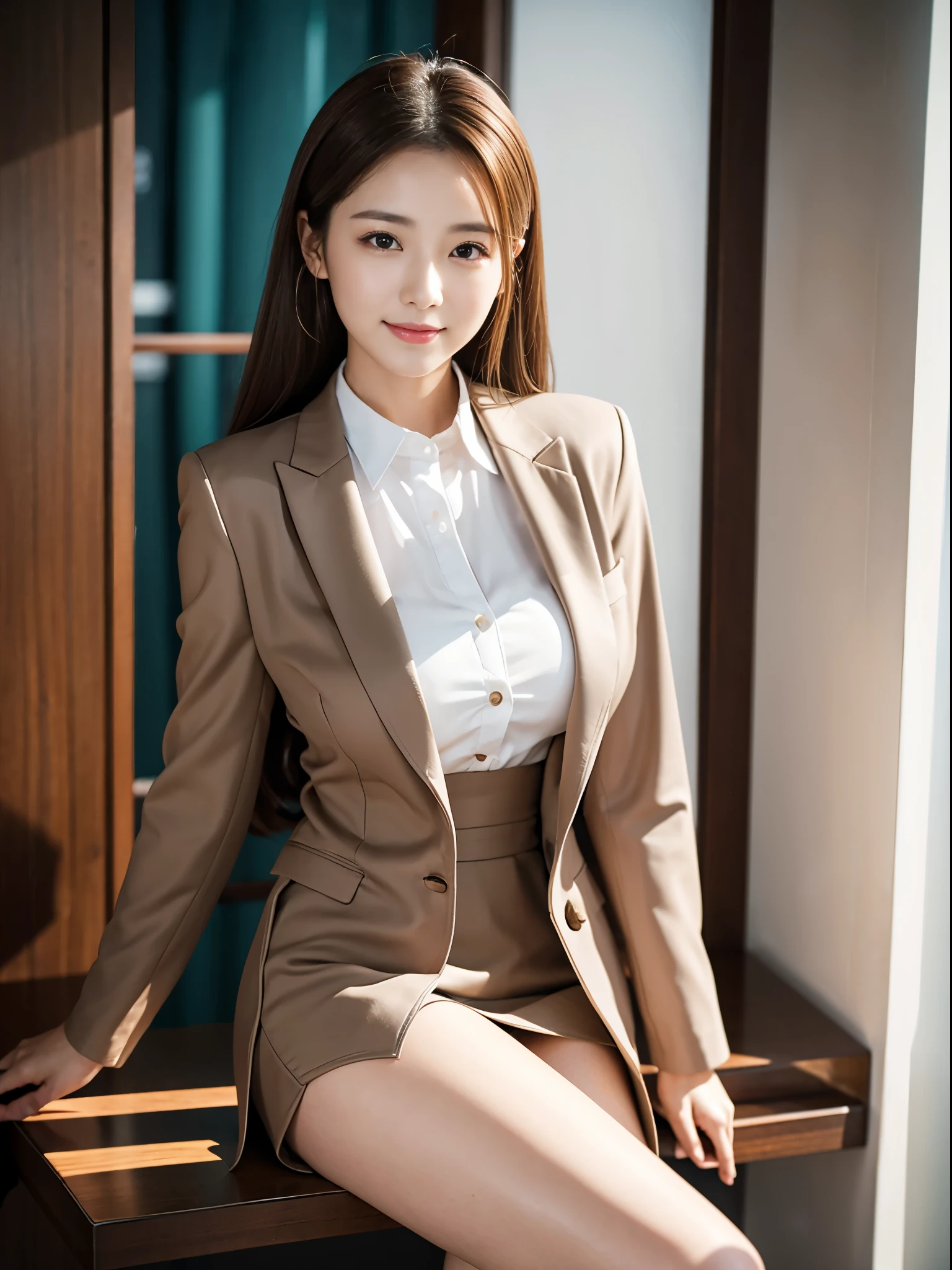 noon、company、Change of clothes、Jacket、Long hair tied up、Light brown hair、Classy Suit、Short skirt、beauty secretary、(Very large breasts、Very thin and long legs、Perfect figure、High heels、whole body、smile)、1 female、No makeup、23 years old、(masterpiece、8K,RAW Photos、High resolution:1.4)、The soft look enhances the calm expression of a woman.。