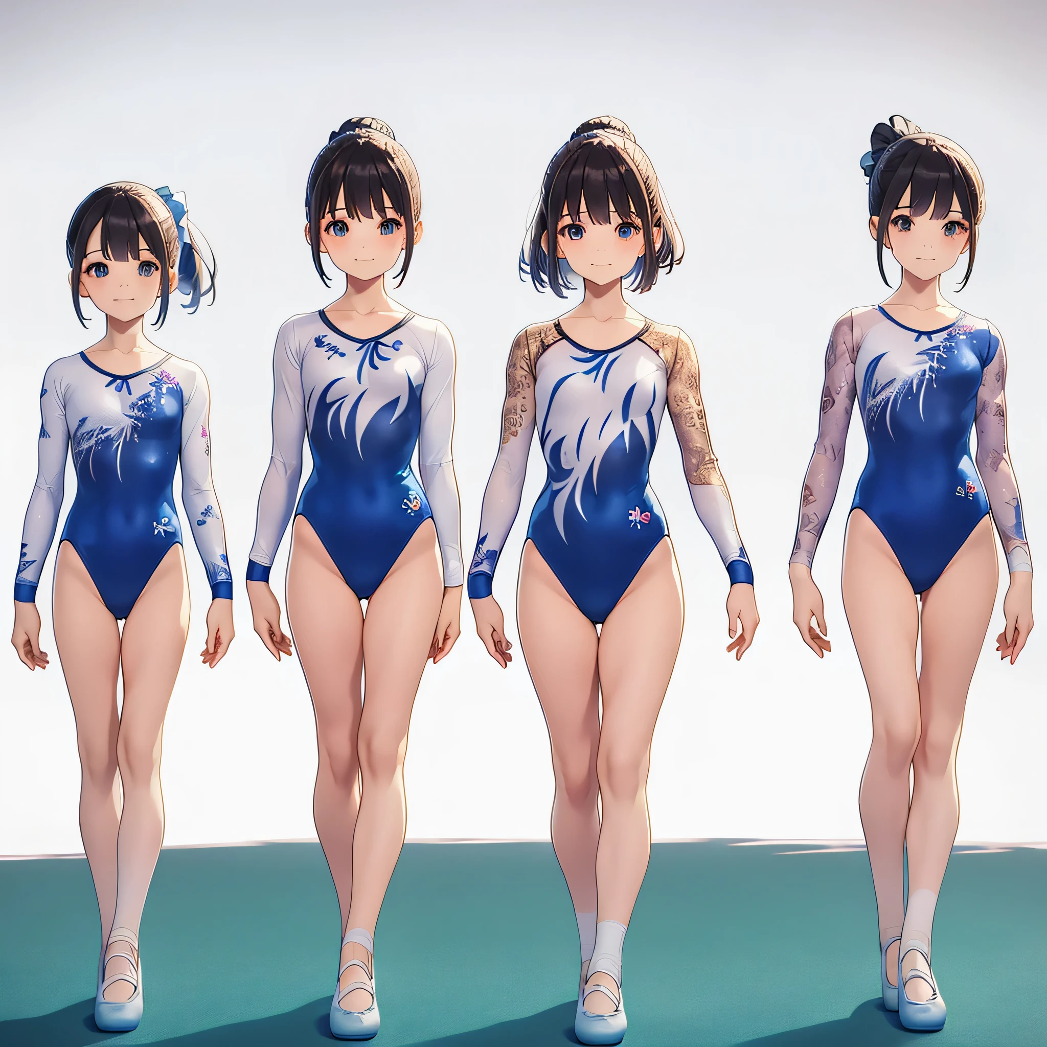 Gymnastics club,(3 girls:1.3),(long sleeves leotard:1.3),(brocade pattern leotard:1.3),(white leotard),full body, pony tail, blue ribbon, long hair,(gymsuit:1.3),over 20 years old, under 25 years old:1.2), ballet shoes, white background