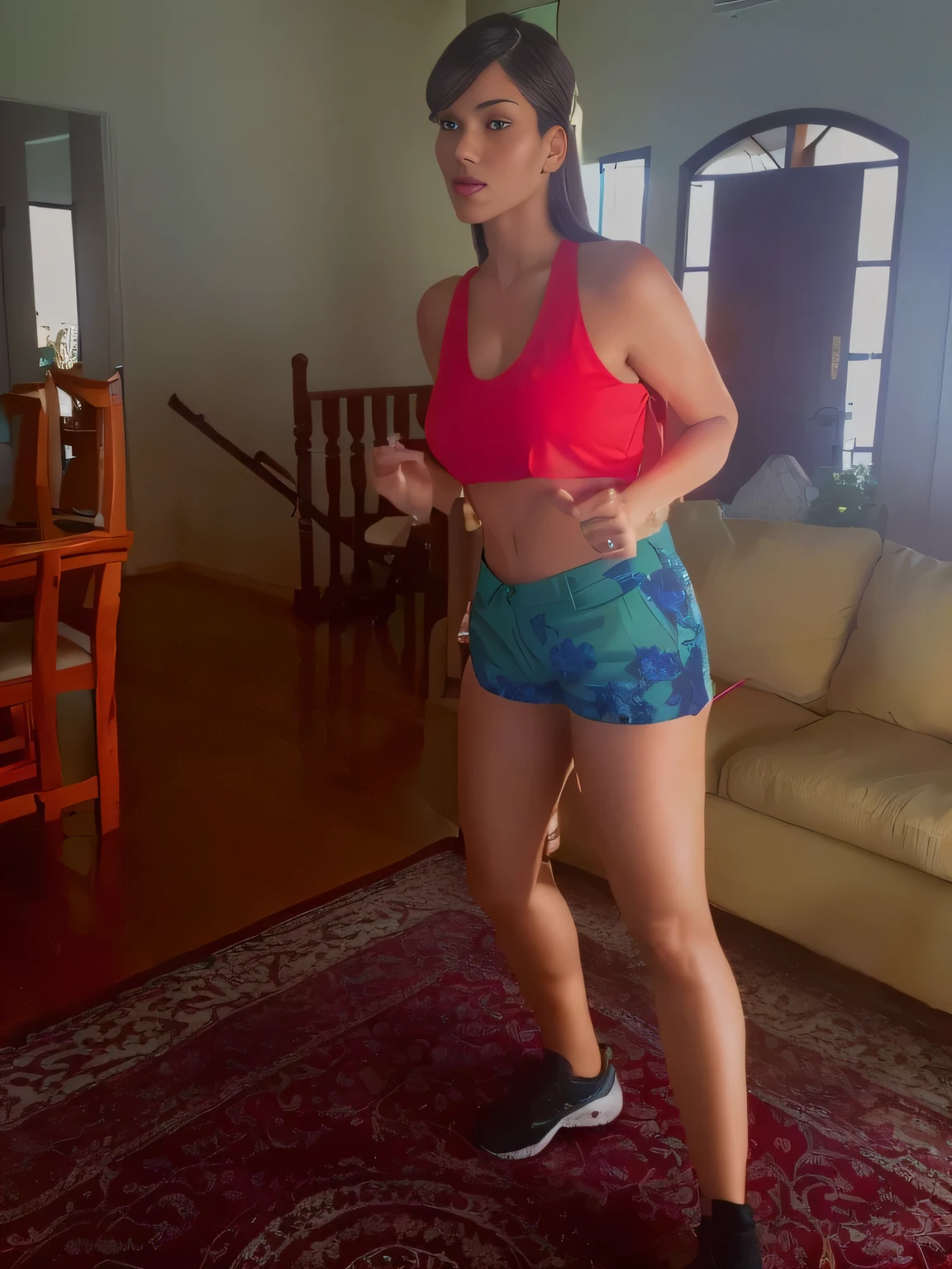 A beautiful light brunette woman is in a living room, wearing a very short red top (((red top))), and green printed shorts (((green printed shorts))), . She has her arms outstretched as if she is dancing or performing an exercise routine. The living room has wooden floors and a beige sofa visible in the background. wearing a tank top (((red top))), short green printed shorts (((green printed shorts))), tight and short green printed shorts for gym training. Photo taken from the side, with tanned body, toned body, body athletic, ((( (legs)))); sexy pose, extremely sexy, very sensual, shapely legs. She is about 36 years old, 1.62 tall, 60 kg, best quality, perfect face, perfect mouth, perfect hands, is standing, (full body) vwell defined, her slightly plump and red lips look like a delicate flower. Slim body, slim waist. Her body exudes glamor and her face is the definition of beauty. Highly realistic, reddish skin, feeling of lightness and joy, hyper-realism, very elaborate skin. Sharp photo, high quality, high resolution (ultra quality masterpiece), Ultra HD, high contrast, 16K. Masterpiece: 1.3, high resolution, (photographically realistic), 8k, NUDE, NUDITY, NFSW.