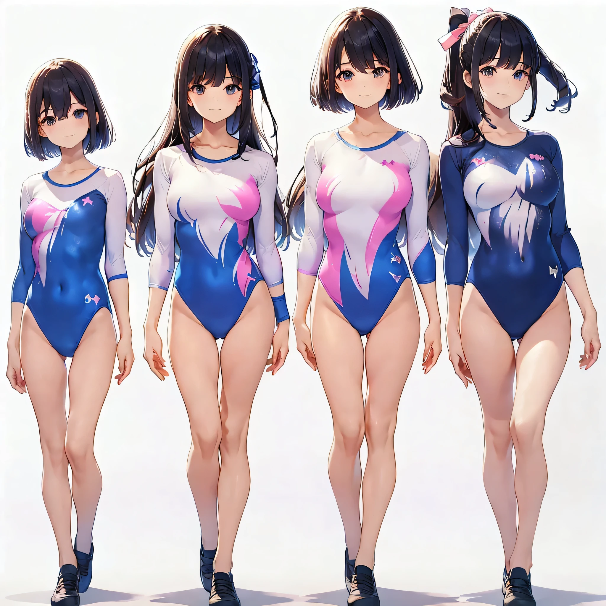 ((full body)),(masterpiece, best quality), (2 girls1.5) ,((Contrapposto:1.5)), looking at viewer, walking,((v_arms:1.2)),(Gymnastics club), （wearing gymnastics_longsleeves_leotard_outfit leotard:1.3),(simple leotard:1.3),(blue and pink leotard:1.3) ,((Ribbon print leotard:1.2)), ballet shoes,(blue shirt:1.1 ), BREAK masterpiece black hair, ((long hair:1.2)), ((parted bangs:1.3)), black eyes, good hand, ((small breasts)), (over 20 years old, under 25 years old:1.2), , spotlight, happy, smile, BREAK white background