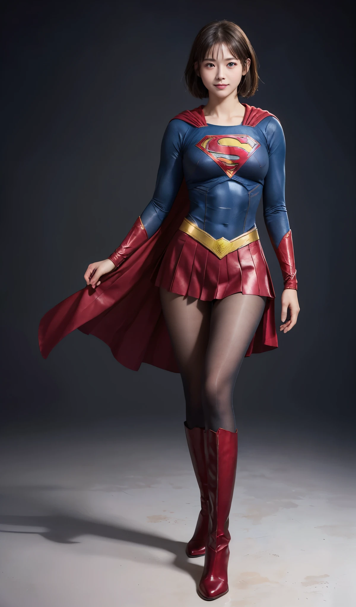 No background、(((Beautiful legs in black tights.)))、(((Legally express the beauty of your smile)))、((((Make the most of your original images)))、(((Supergirl Costume)))、(((Beautiful short bob hair)))、(((suffering)))、(((Please wear black tights....、Wear red boots)))、((Best image quality、8k))、((highest quality、8k、masterpiece:1.3))、(((Preserve background )))、Sharp focus:1.2、Beautiful woman with perfect figure:1.4、Slim Abs:1.2、Wet body:1.5、Highly detailed face and skin texture、8k