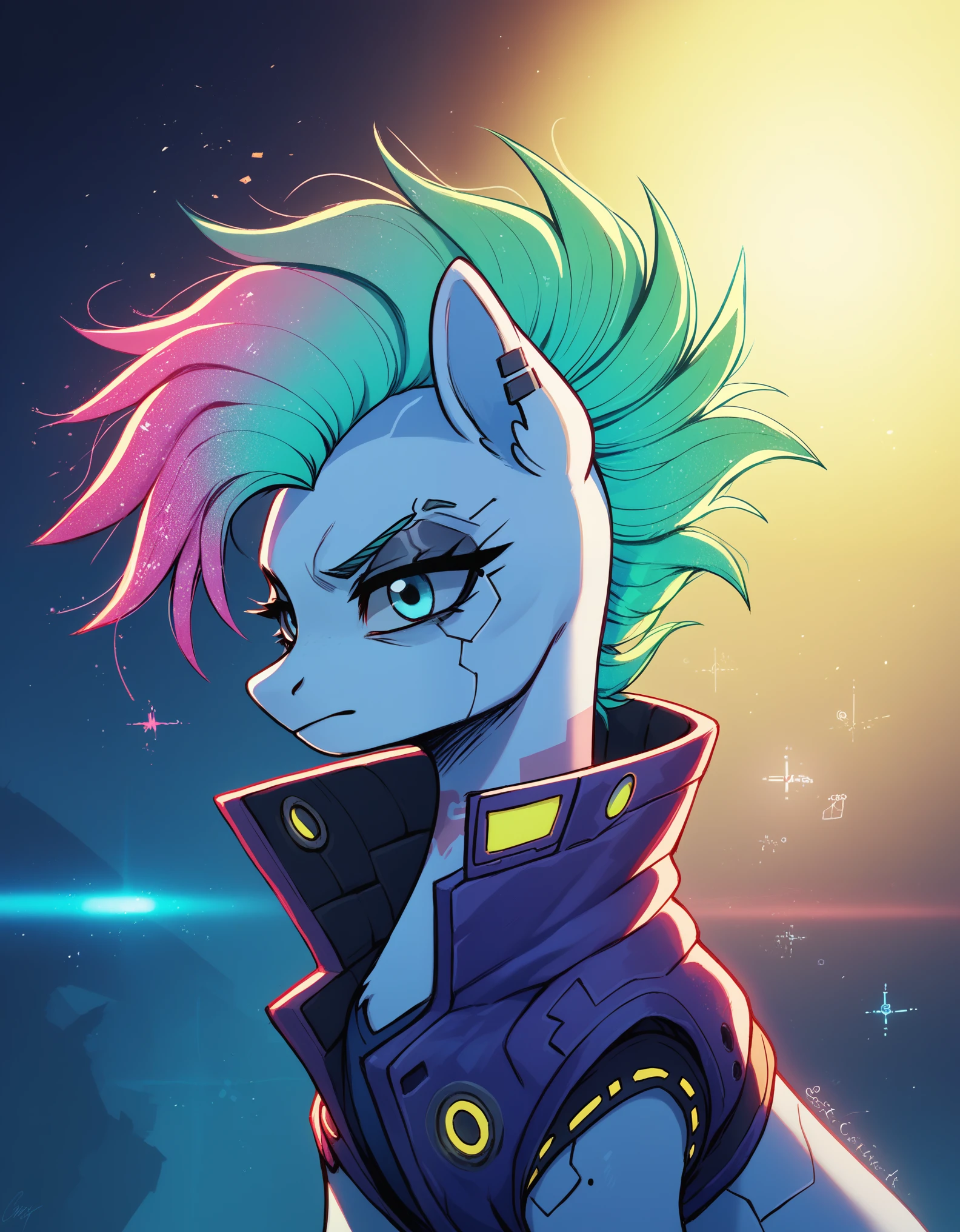 score_9,score_8_up,score_7_up,score_6_up, Cyberpunk pony, cyber-punk fashion, glowing backlight, tech-city scene, glitter, whimsical, enchanted, magical, fantasy art concept, intricate details,